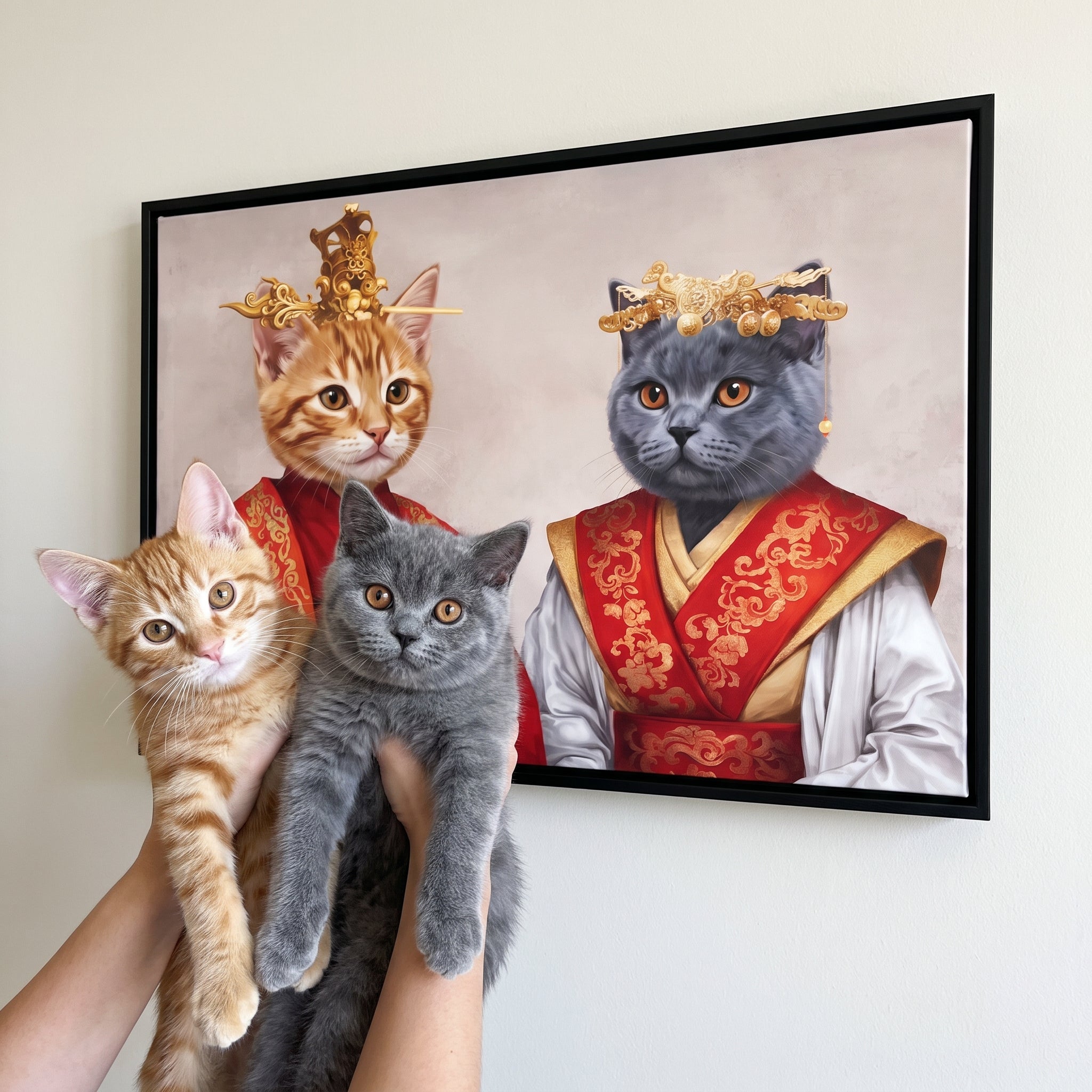 Ginger tabby cat and grey british shor next to its The Asian Rulers custom pet canvas