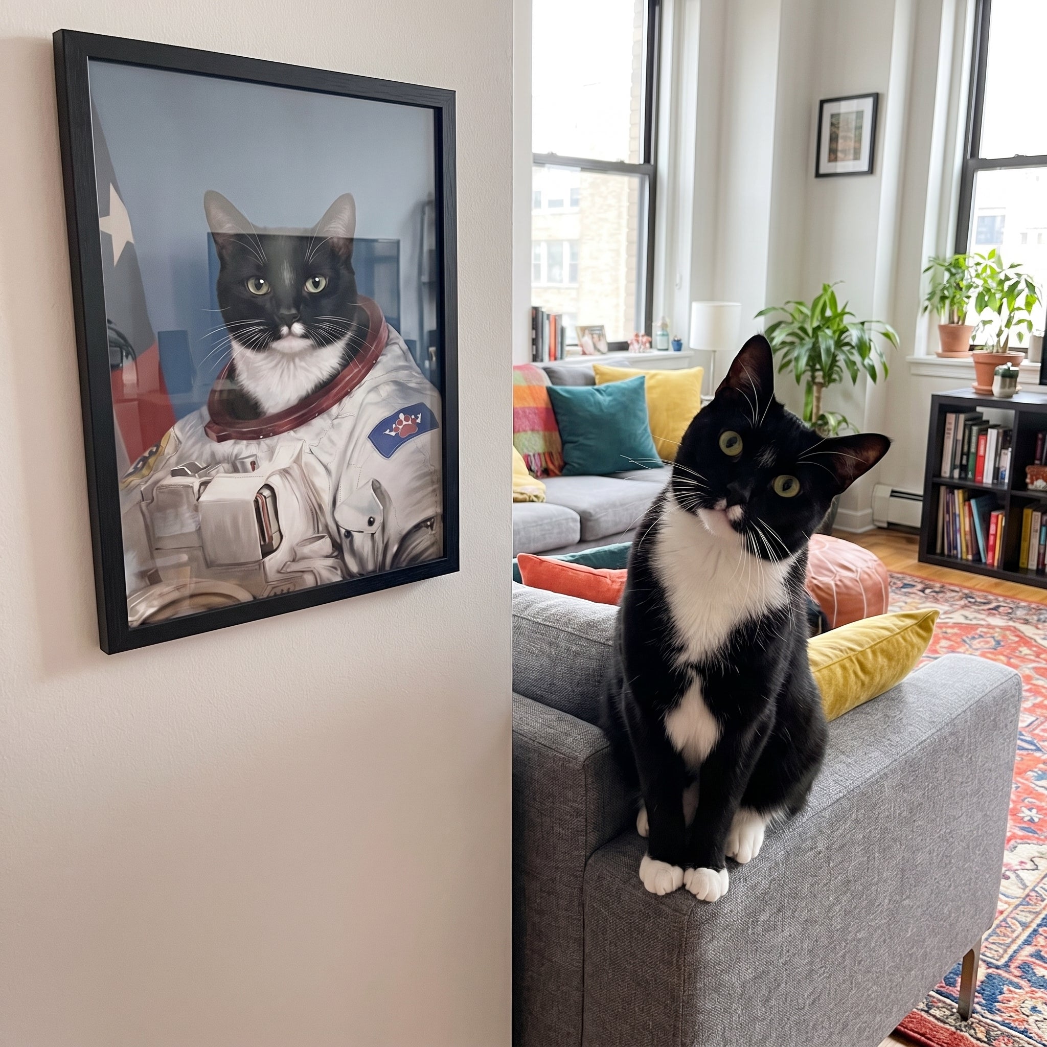 Tuxedo cat next to its The Astronaut custom pet poster