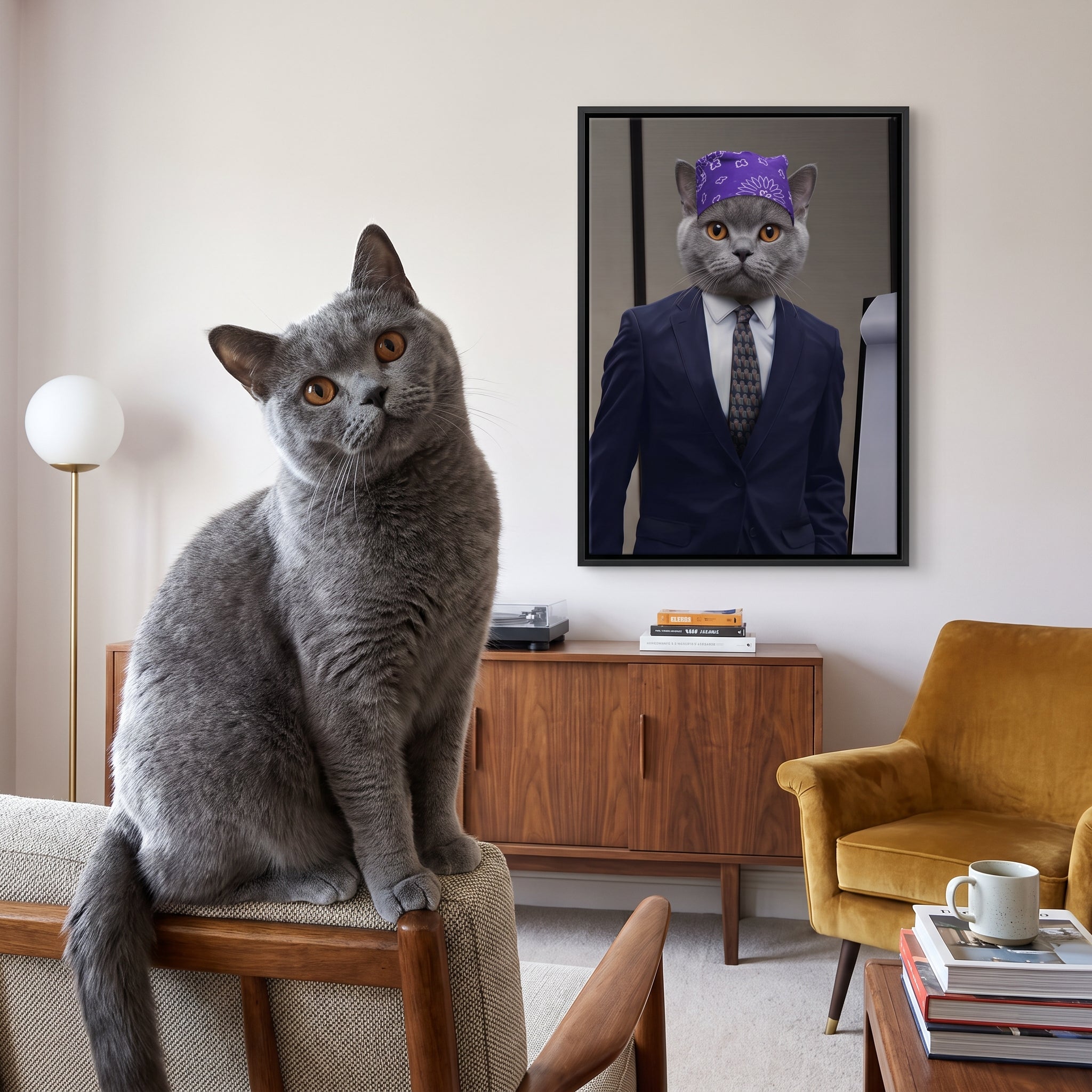 Grey british shorthair cat next to its The Bad Boss custom pet canvas