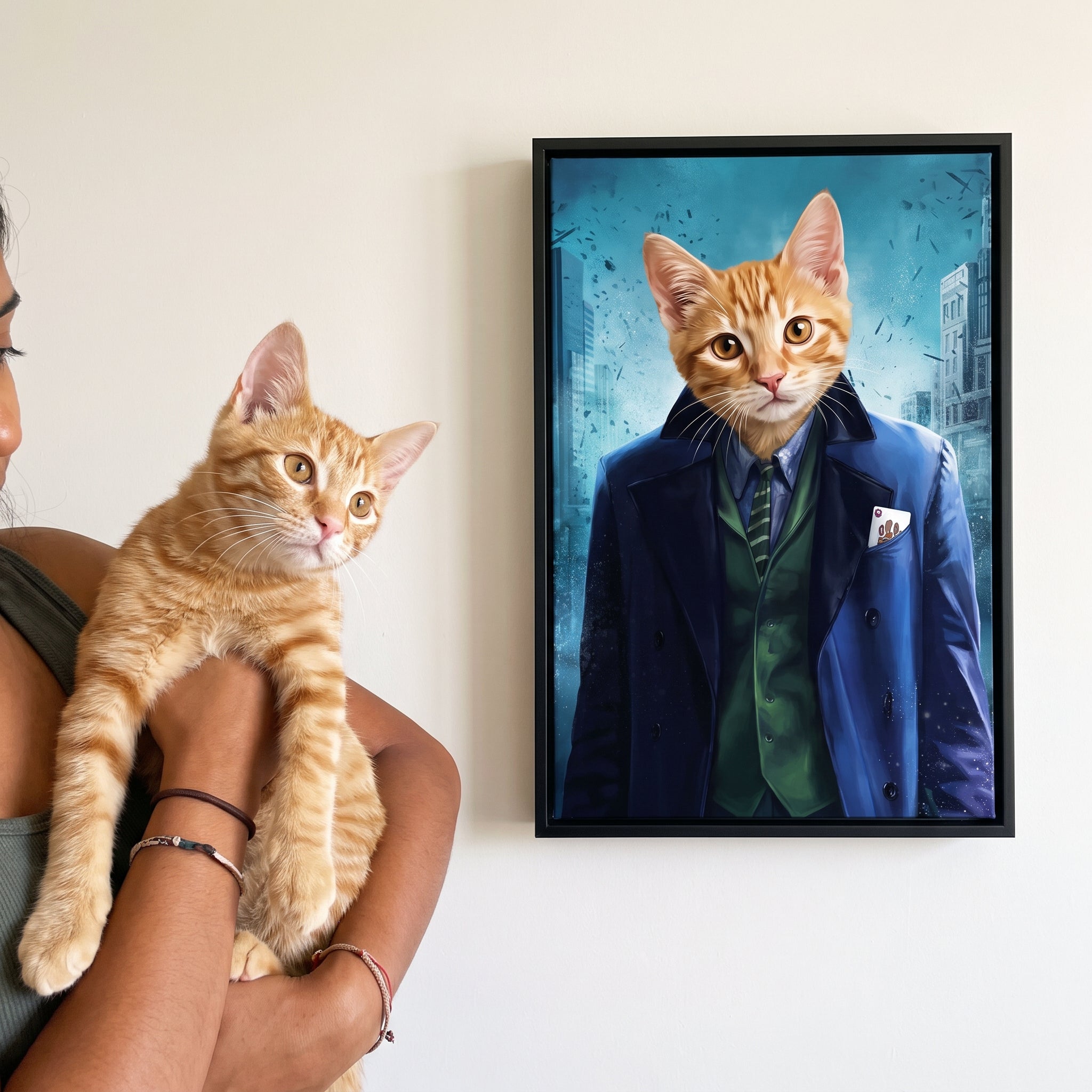 Ginger tabby cat next to its The Bad Guy custom pet canvas