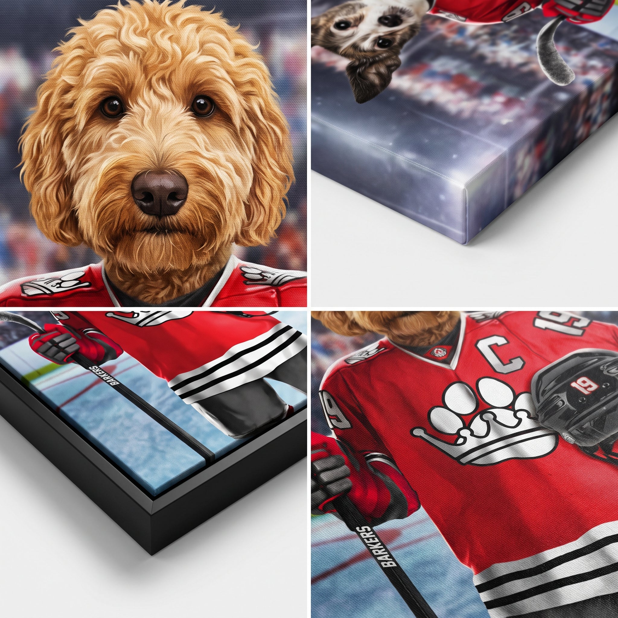 Close-up details of The Barkers custom pet canvas