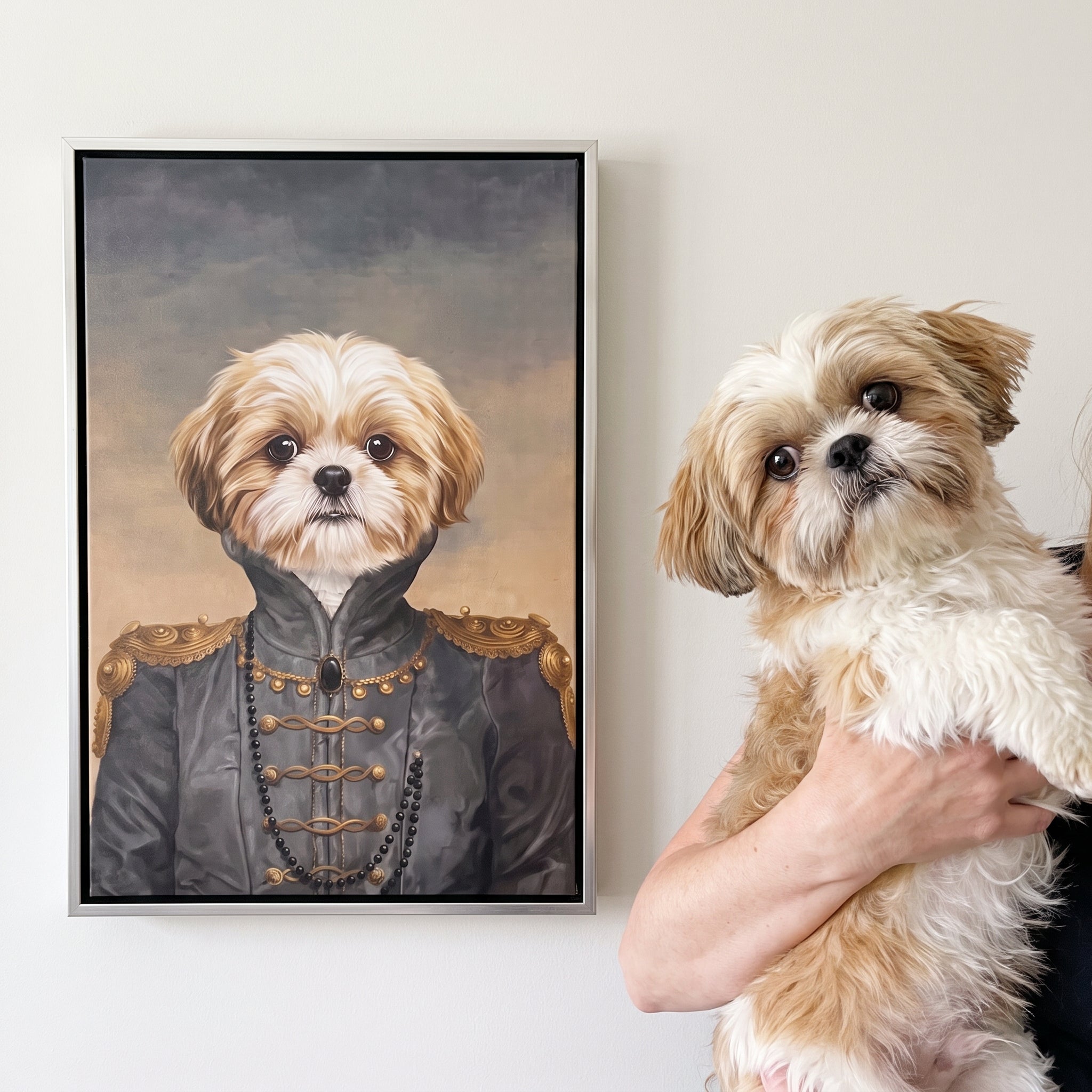 Shih tzu next to its The Baroness custom pet canvas