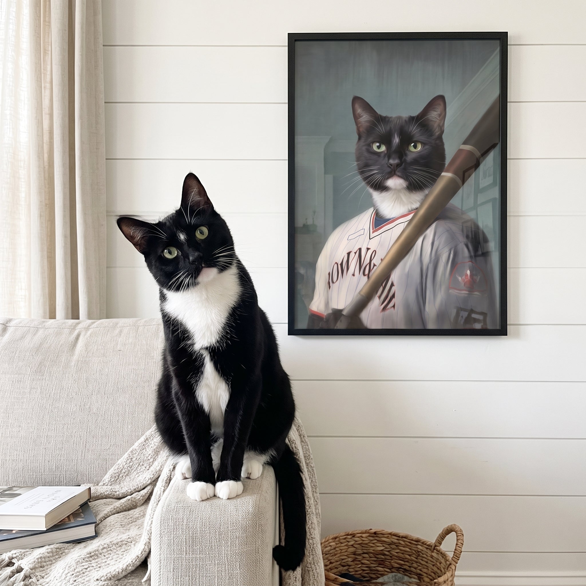 Tuxedo cat next to its The Baseball Player custom pet poster
