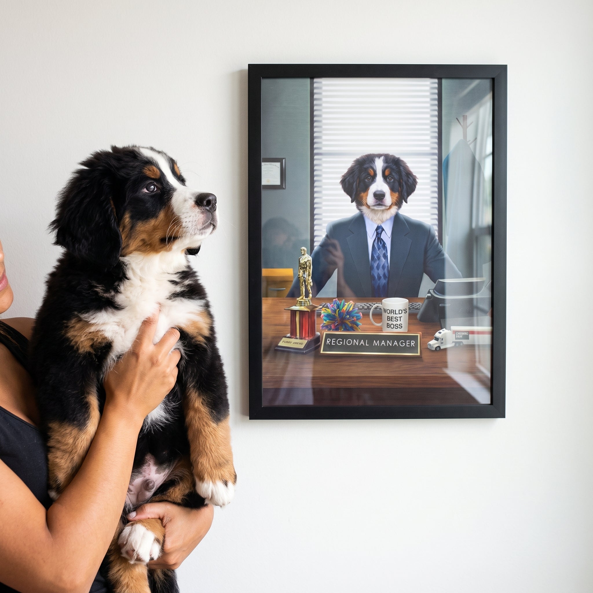 Bernese mountain dog next to its The Best Boss custom pet poster