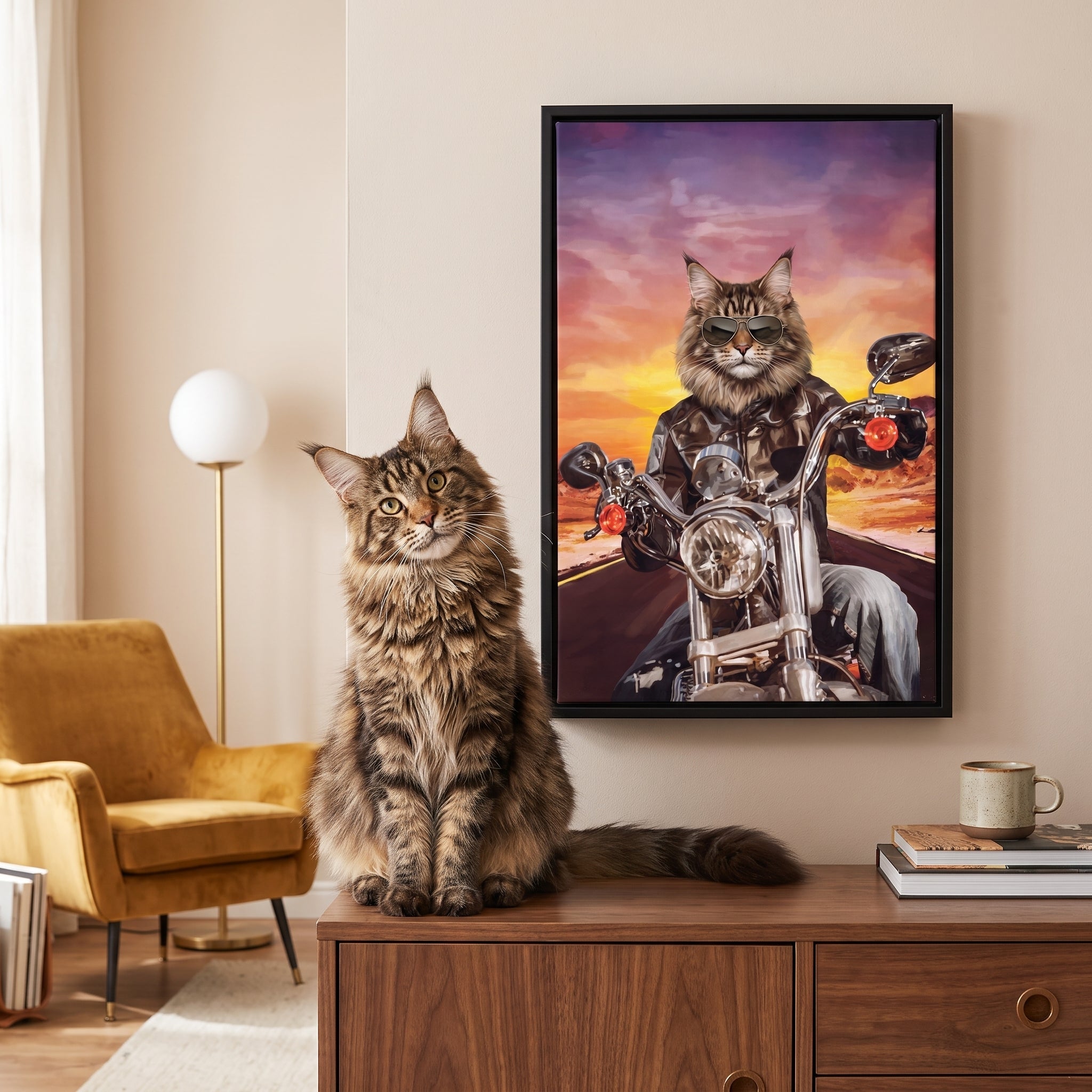 Fluffy maine coon cat next to its The Biker custom pet canvas