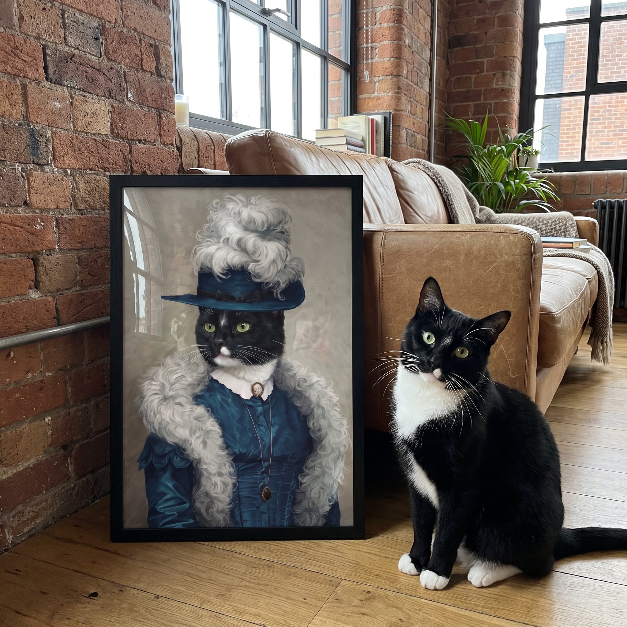 Tuxedo cat next to its The Boa Lady custom pet poster