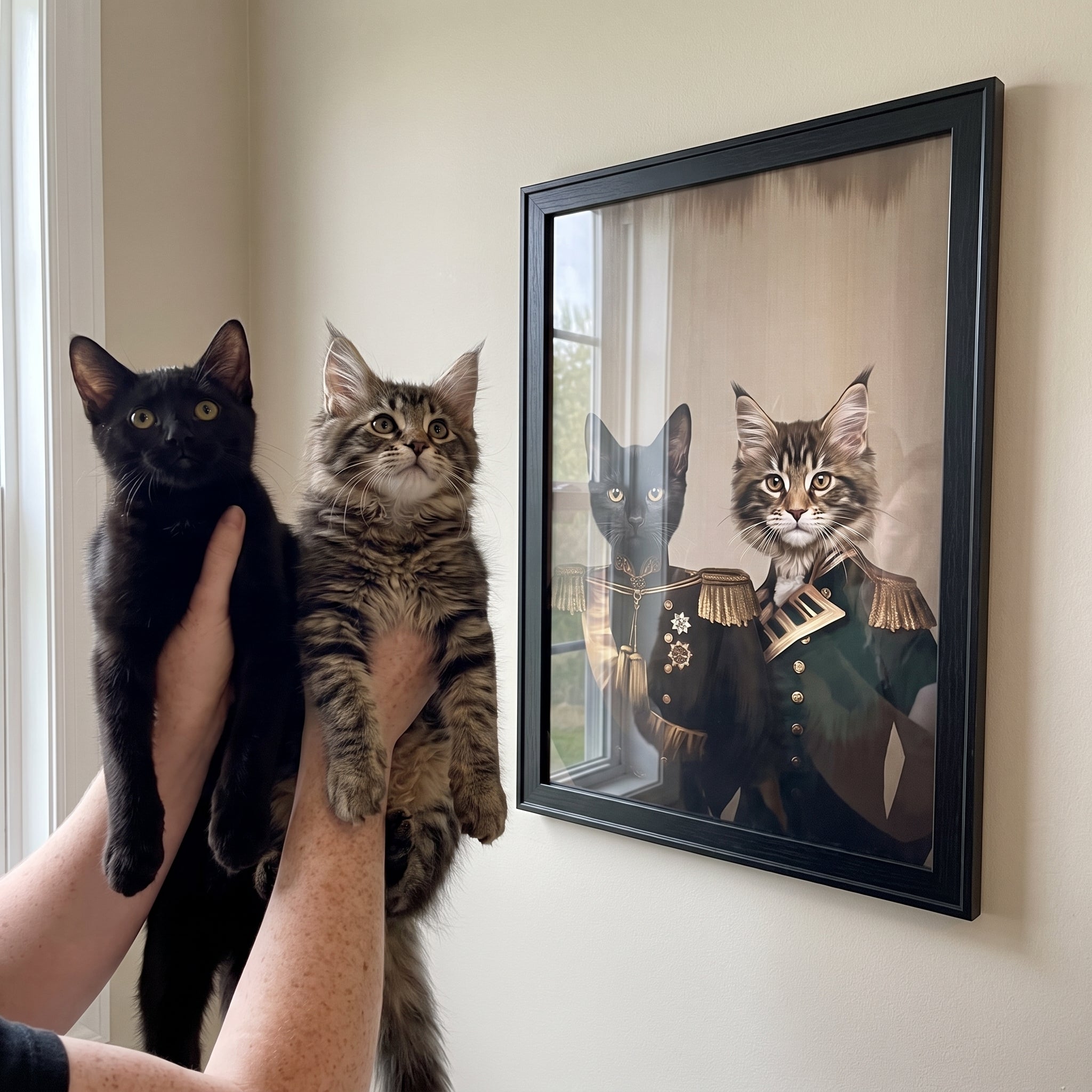 Black cat and fluffy maine coon ca next to its The Brothers in Arms custom pet poster