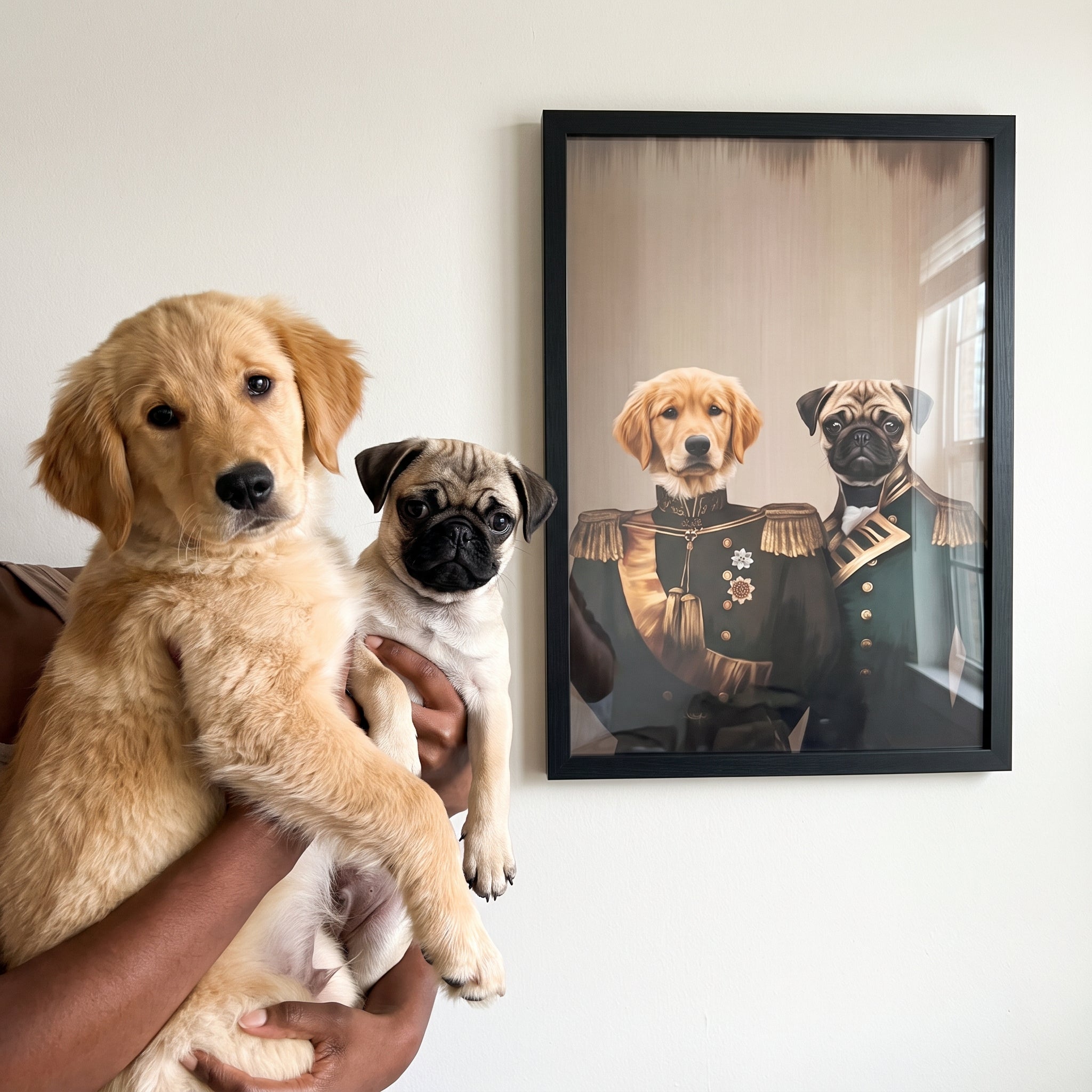 Golden retriever and pug next to its The Brothers in Arms custom pet poster
