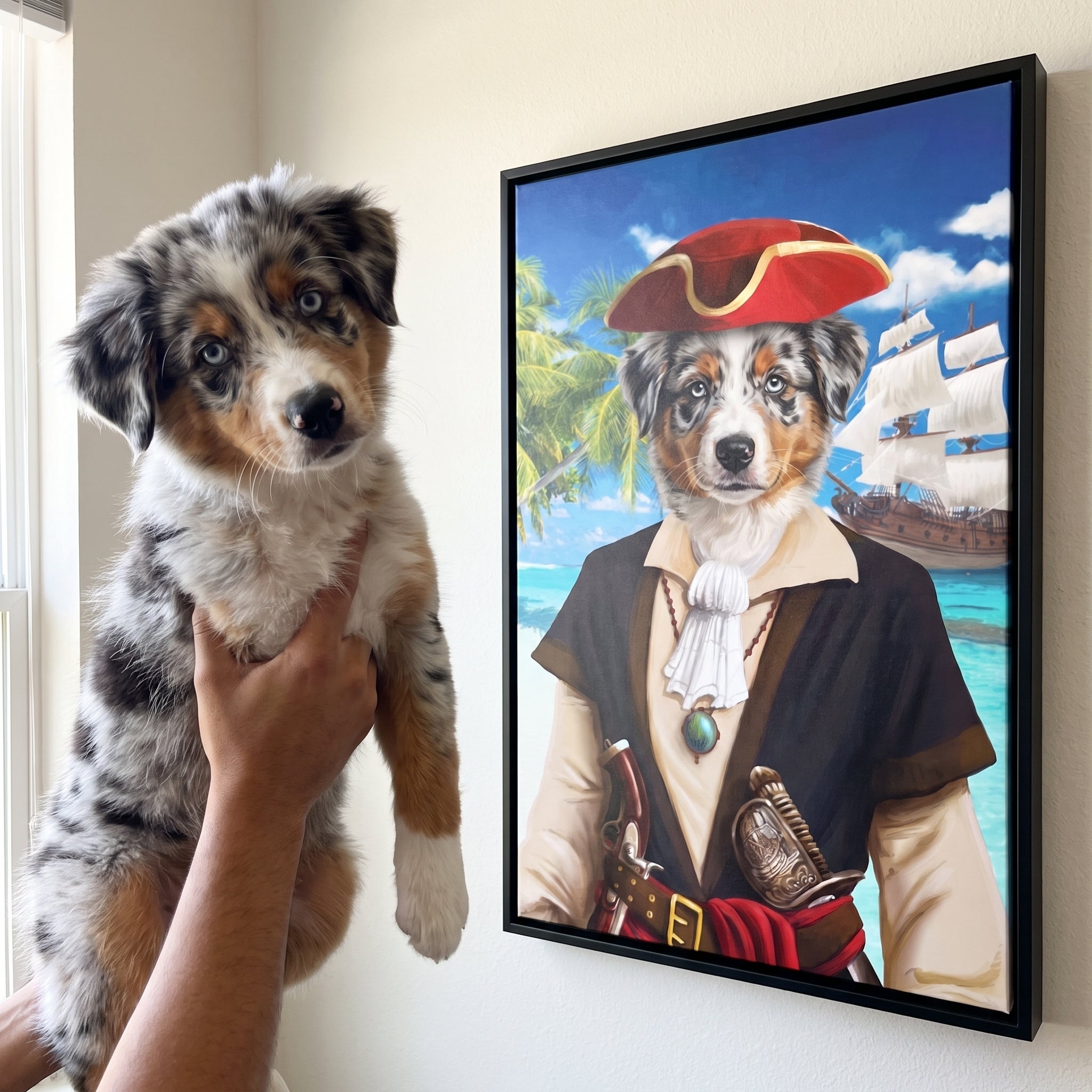 Blue merle australian shepherd next to its The Buccaneer custom pet canvas