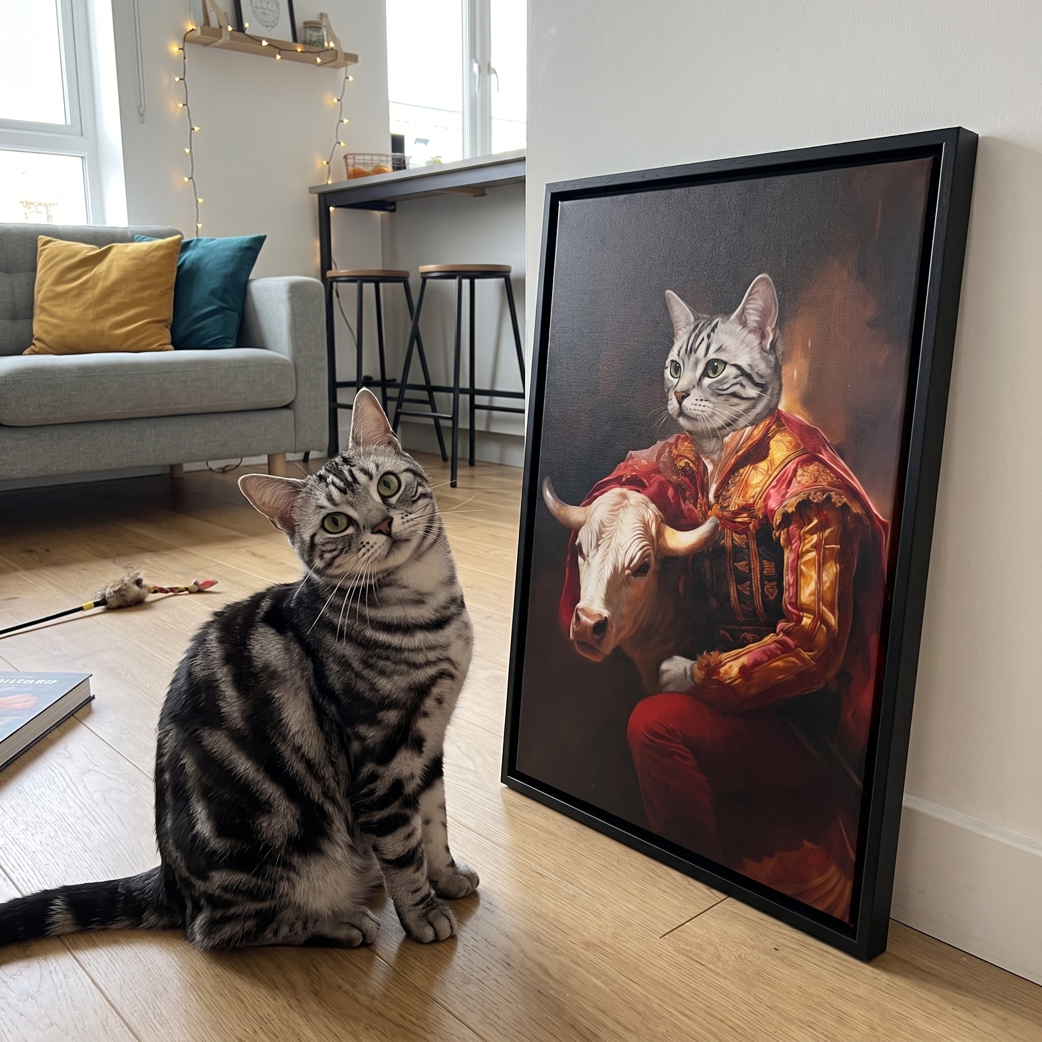 Silver tabby cat next to its The Bull Fighter custom pet canvas