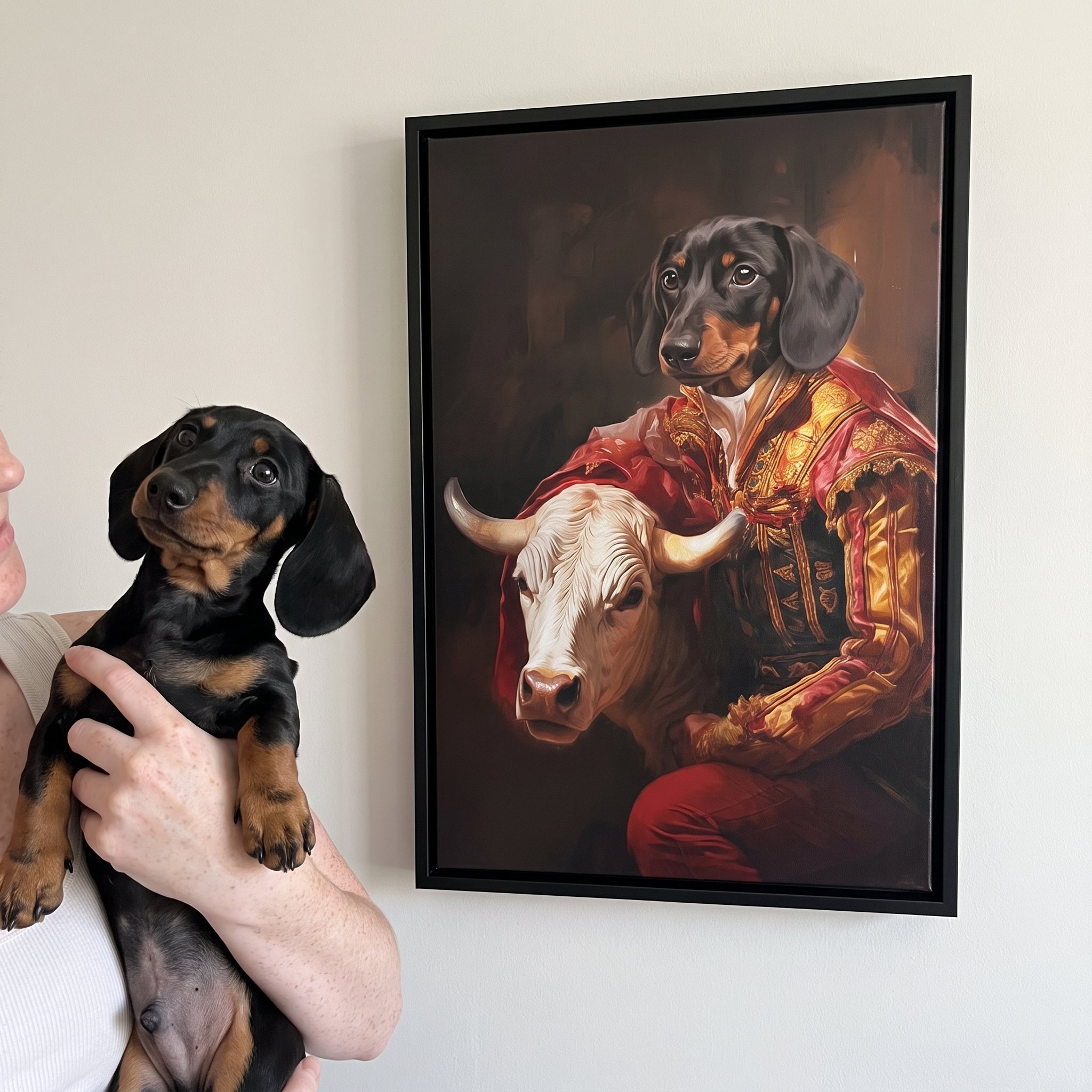 Miniature dachshund next to its The Bull Fighter custom pet canvas