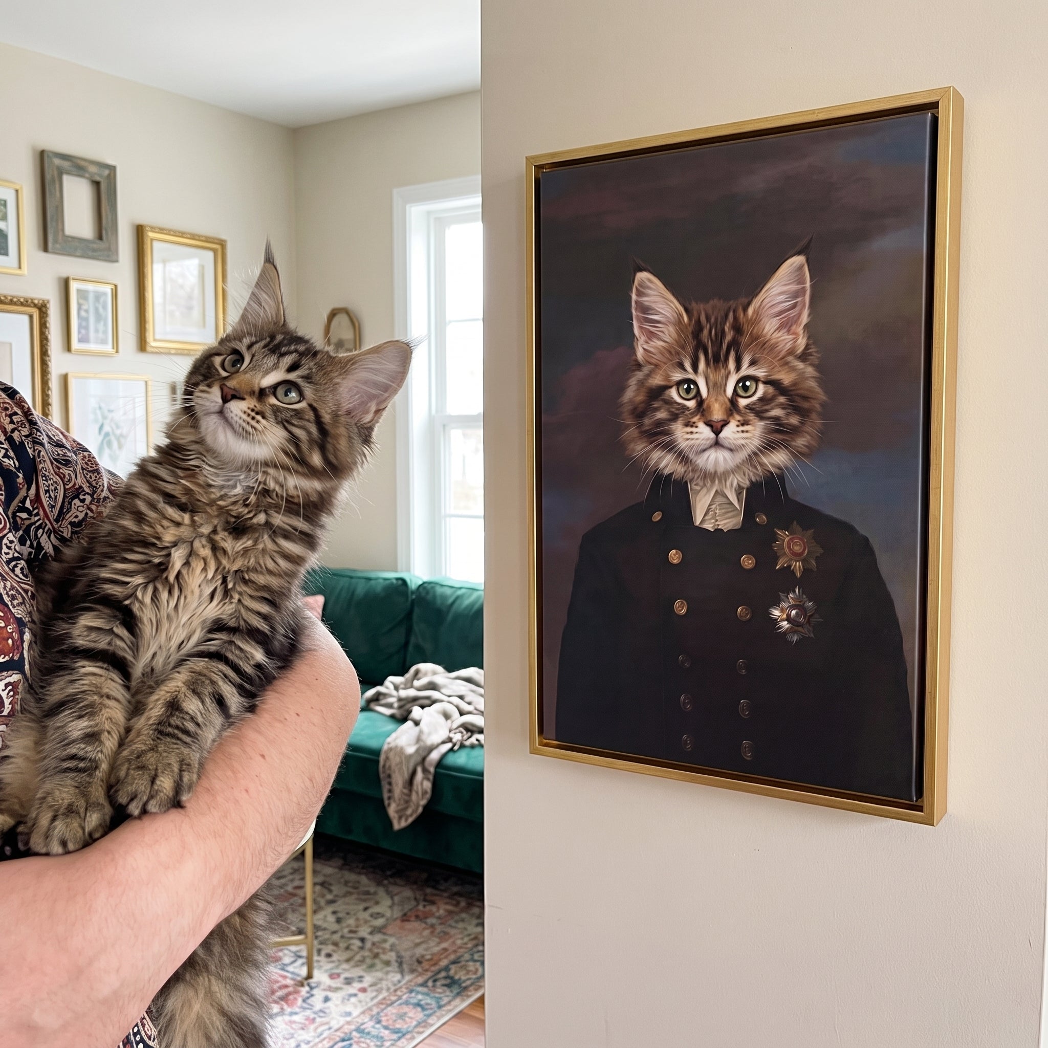 Fluffy maine coon cat next to its The Captain custom pet canvas