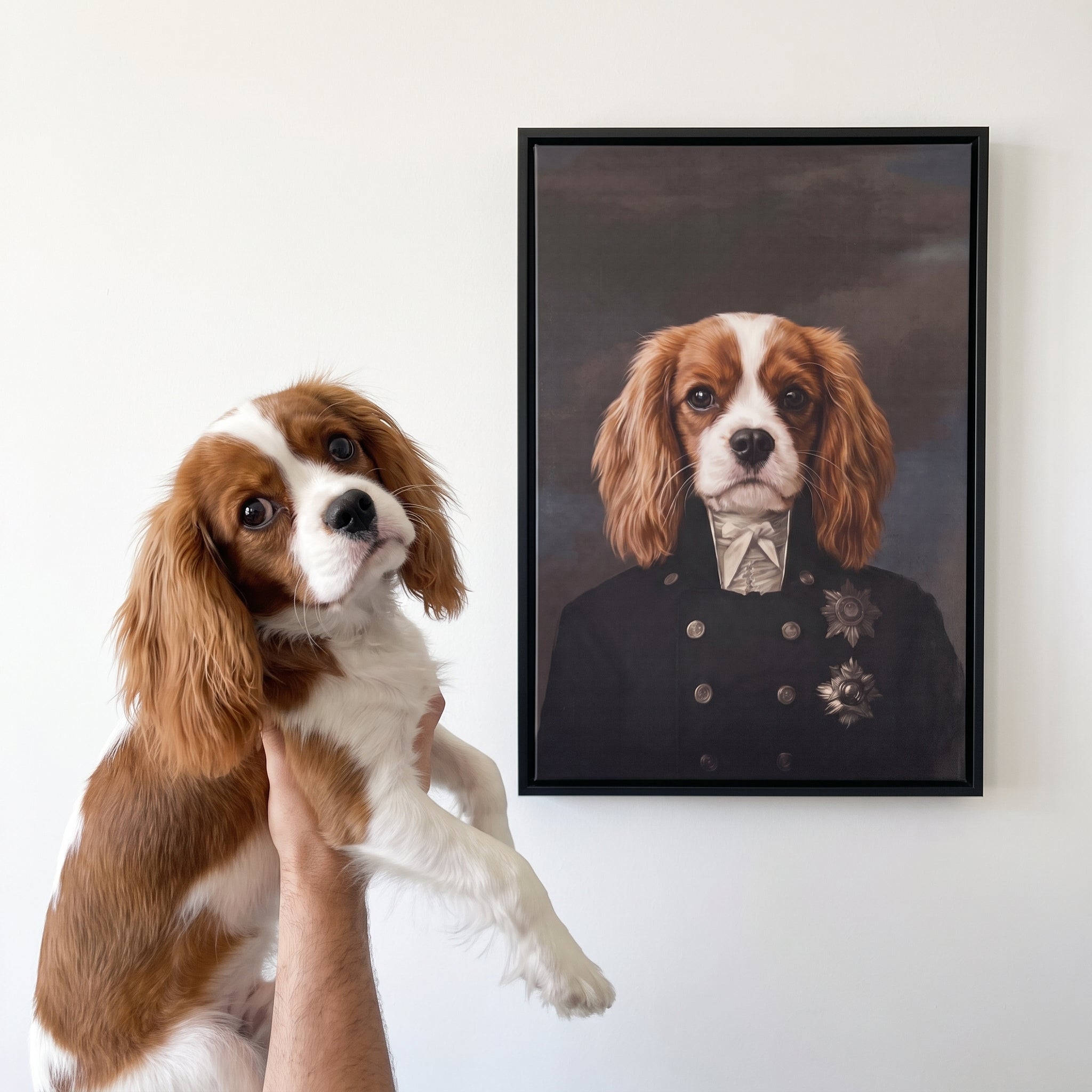 Cavalier king charles spaniel next to its The Captain custom pet canvas