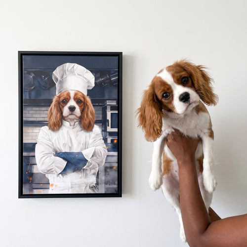 Cavalier king charles spaniel next to its The Chef custom pet canvas