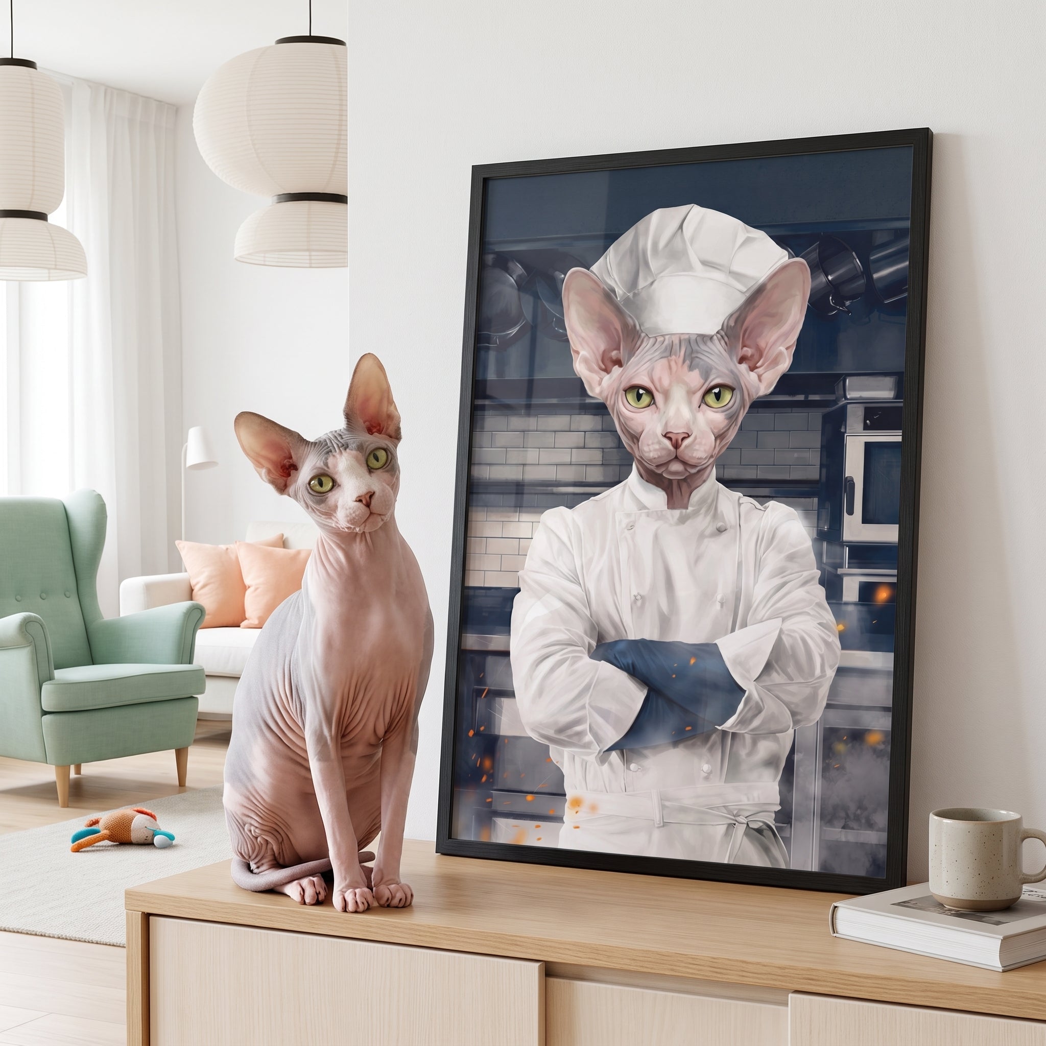 Sphynx cat next to its The Chef custom pet poster