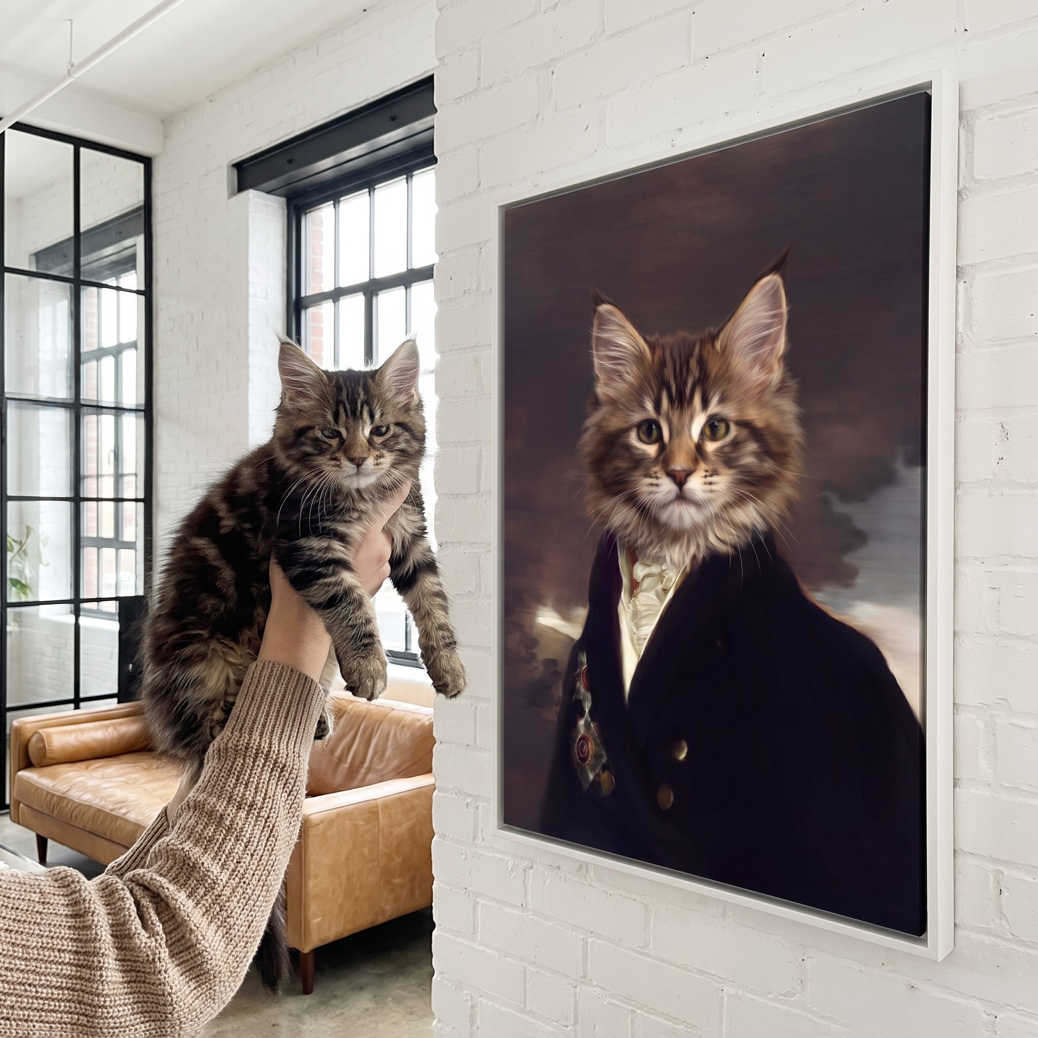 Fluffy maine coon cat next to its The Count custom pet canvas