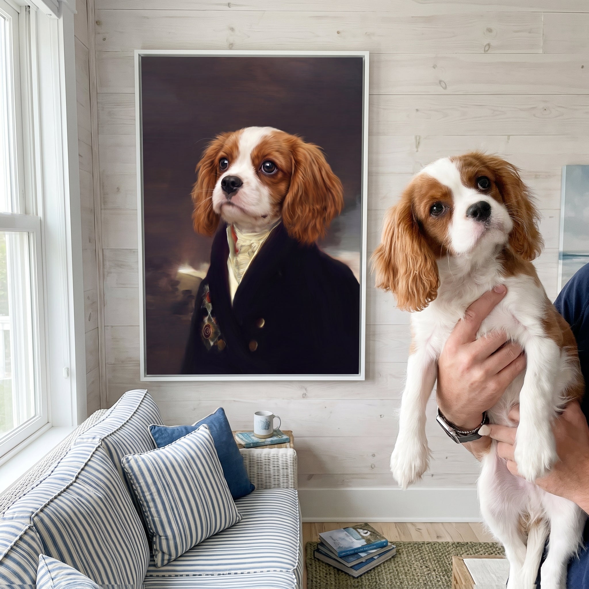 Cavalier king charles spaniel next to its The Count custom pet canvas