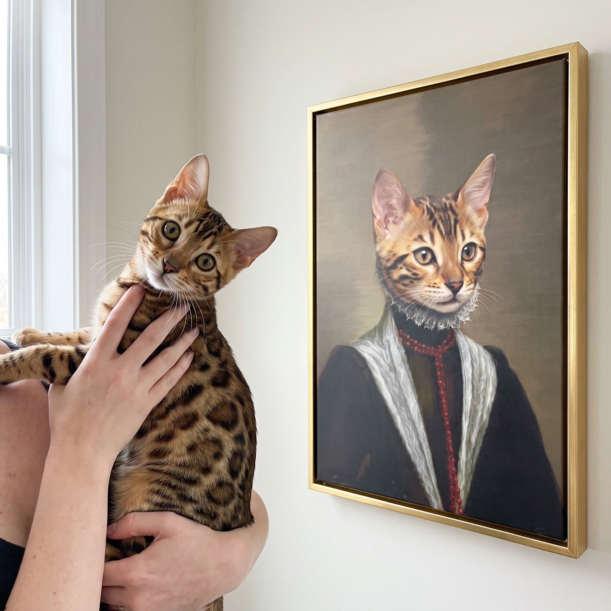 Bengal cat next to its The Countess custom pet canvas