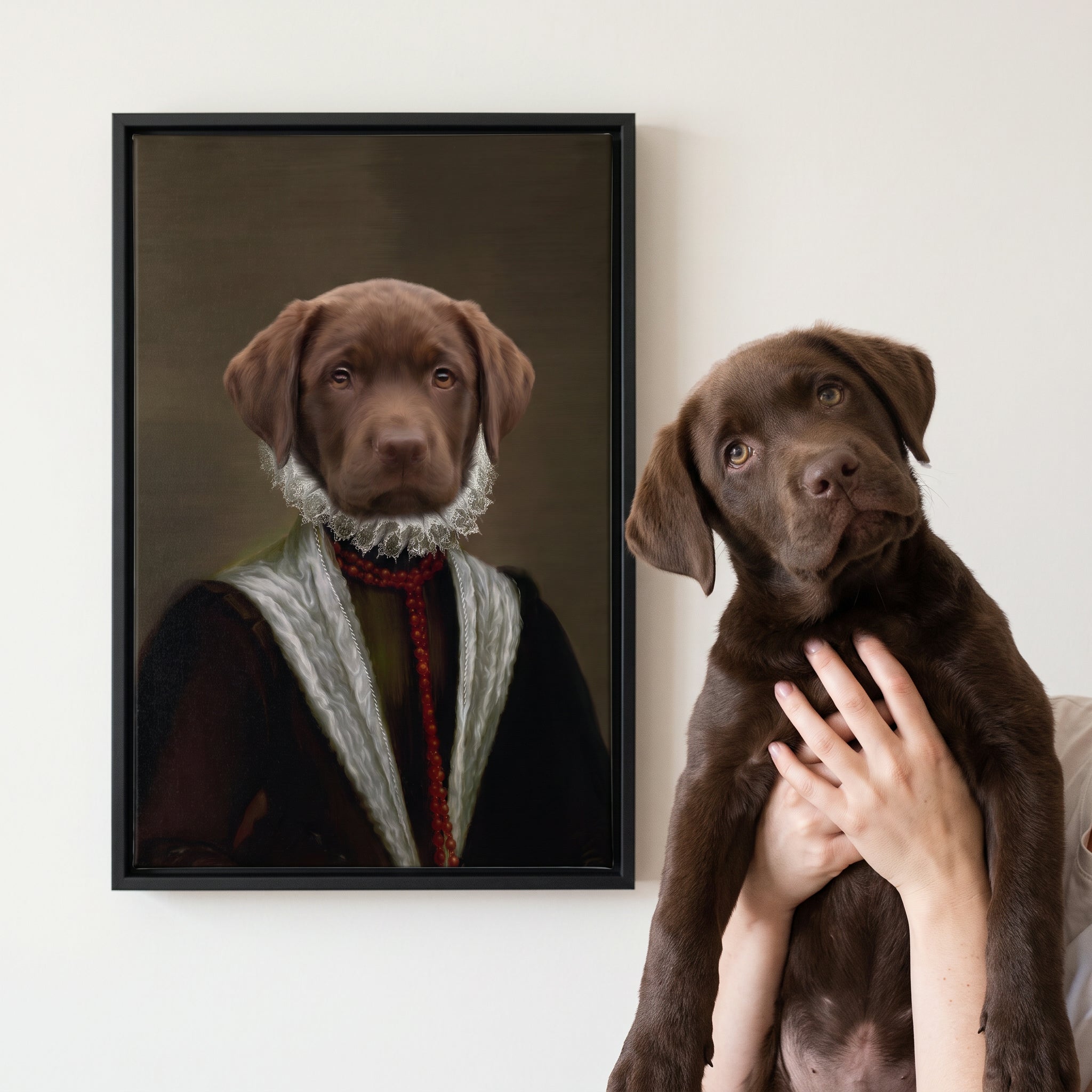 Chocolate labrador next to its The Countess custom pet canvas