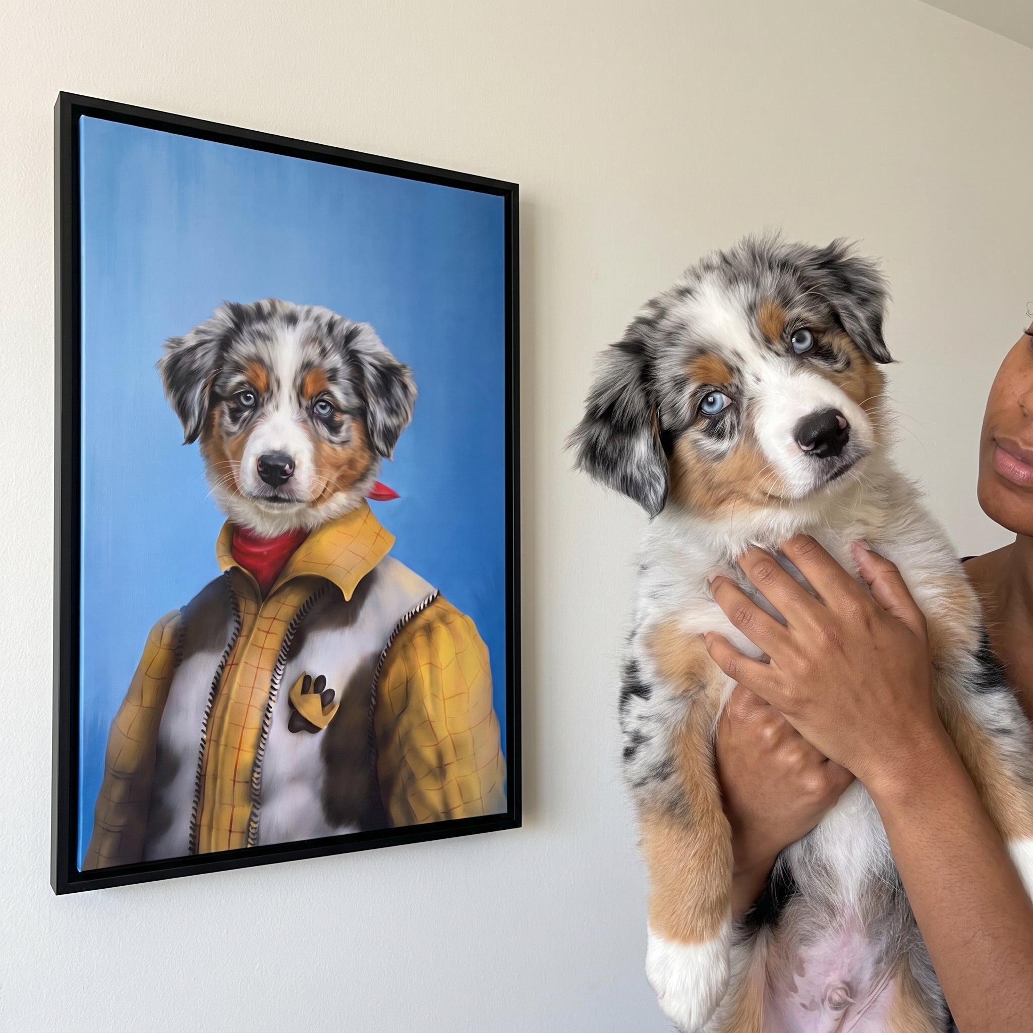 Blue merle australian shepherd next to its The Cowboy custom pet canvas