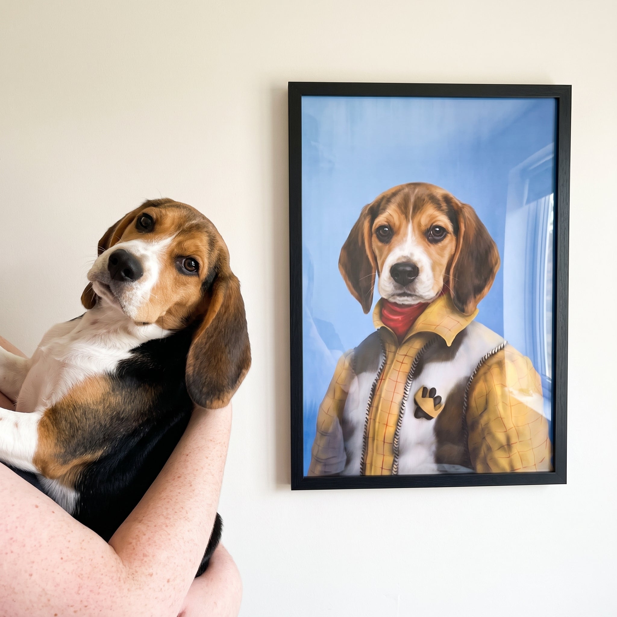 Beagle next to its The Cowboy custom pet poster