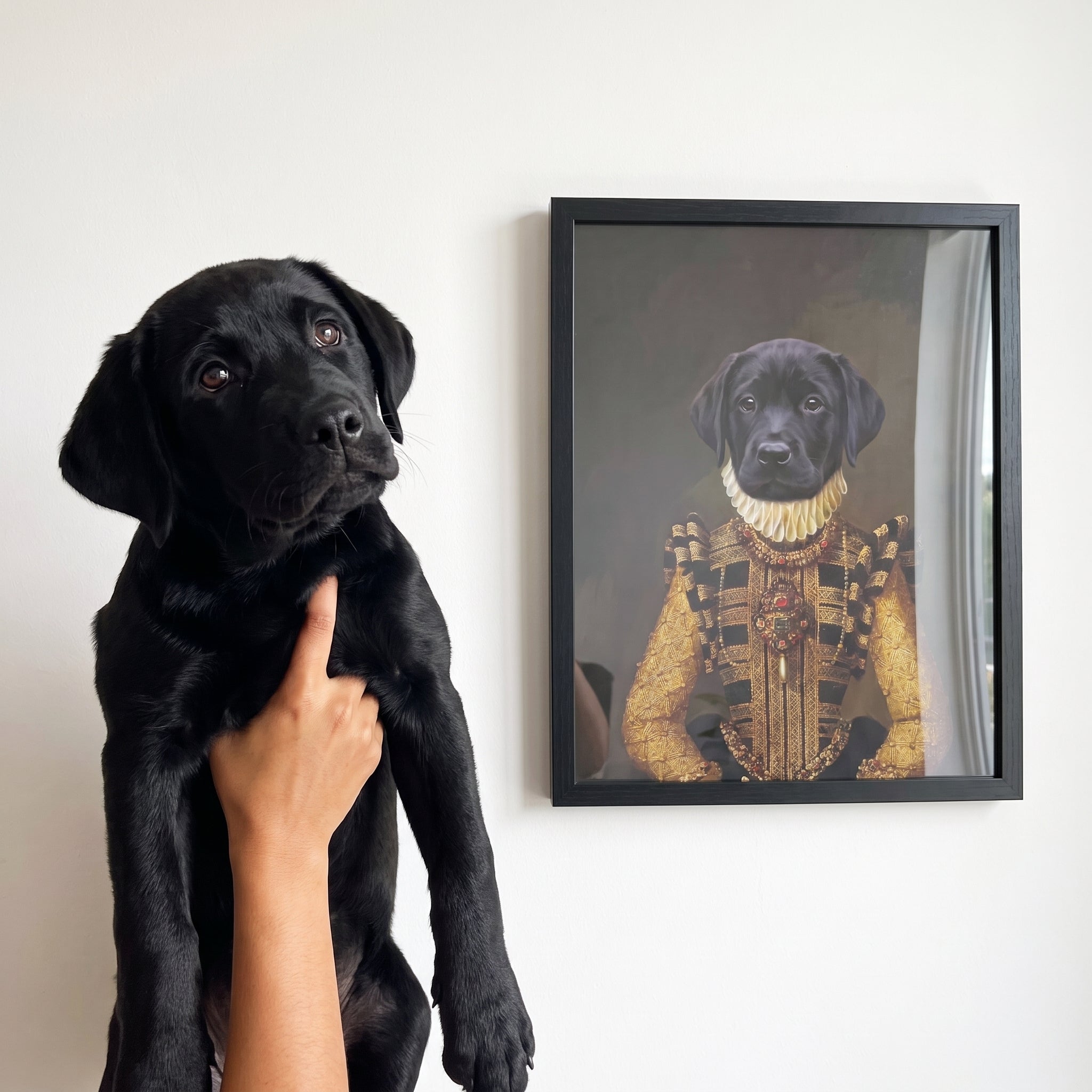 Black labrador next to its The Dame custom pet poster