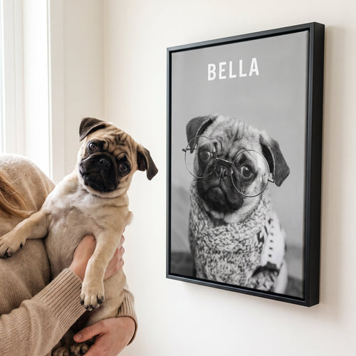 Pug next to its The Designer Brand Pet Portrait - Custom Pet Print Canvas custom pet canvas