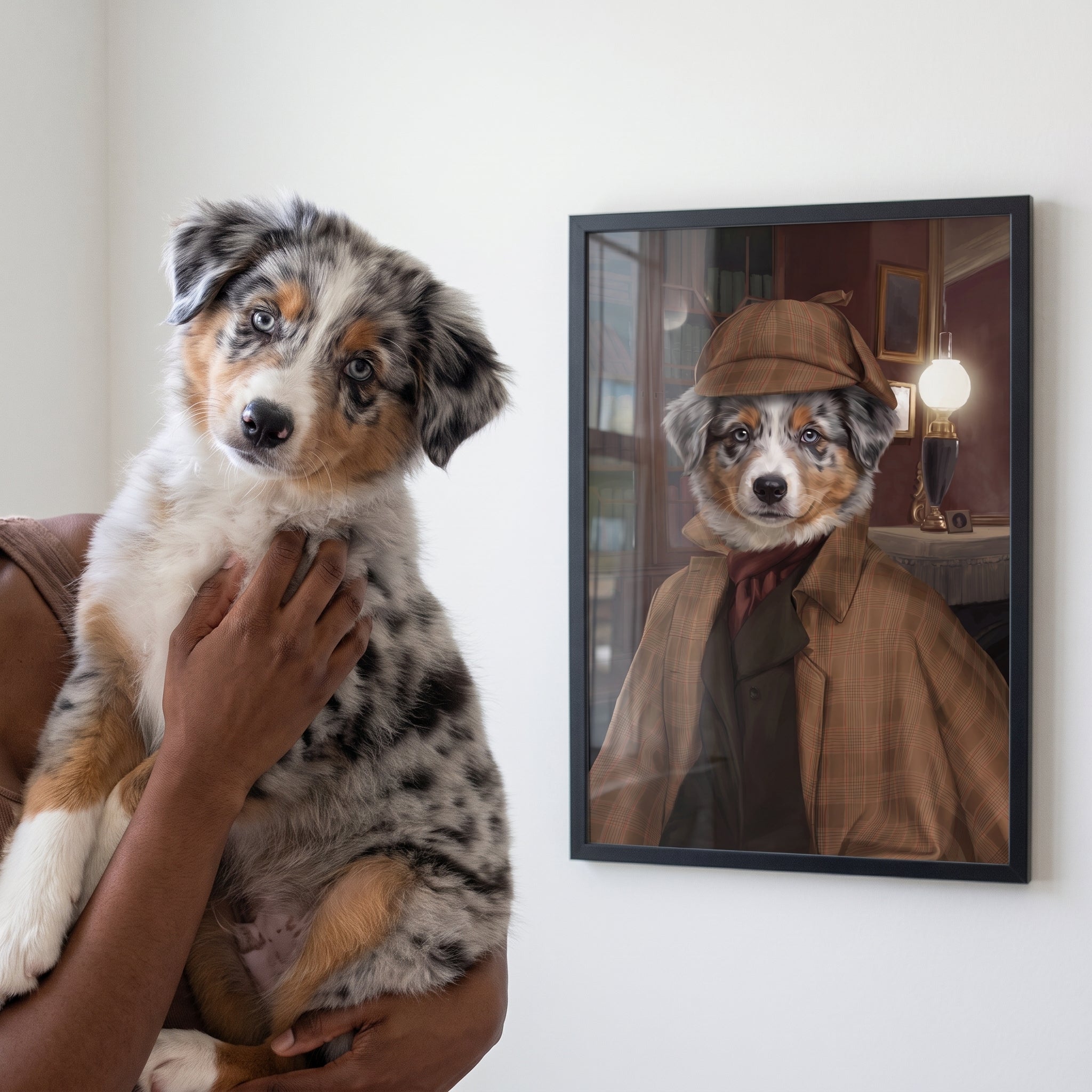 Blue merle australian shepherd next to its The Detective custom pet poster