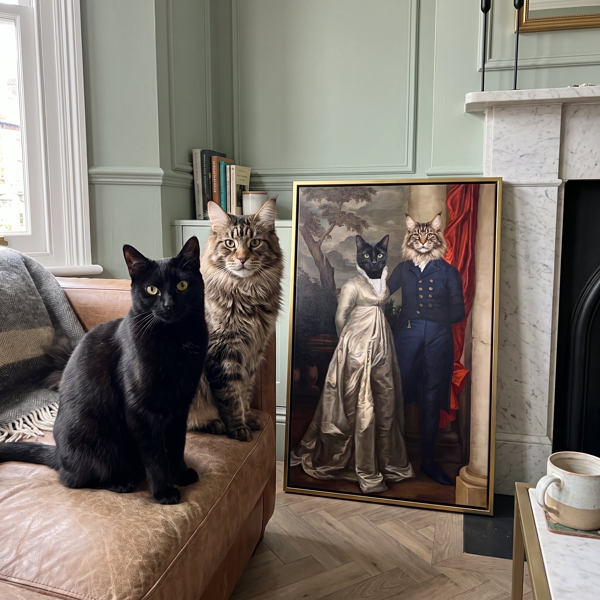 Black cat and fluffy maine coon cat next to its The Dinner Date custom pet canvas