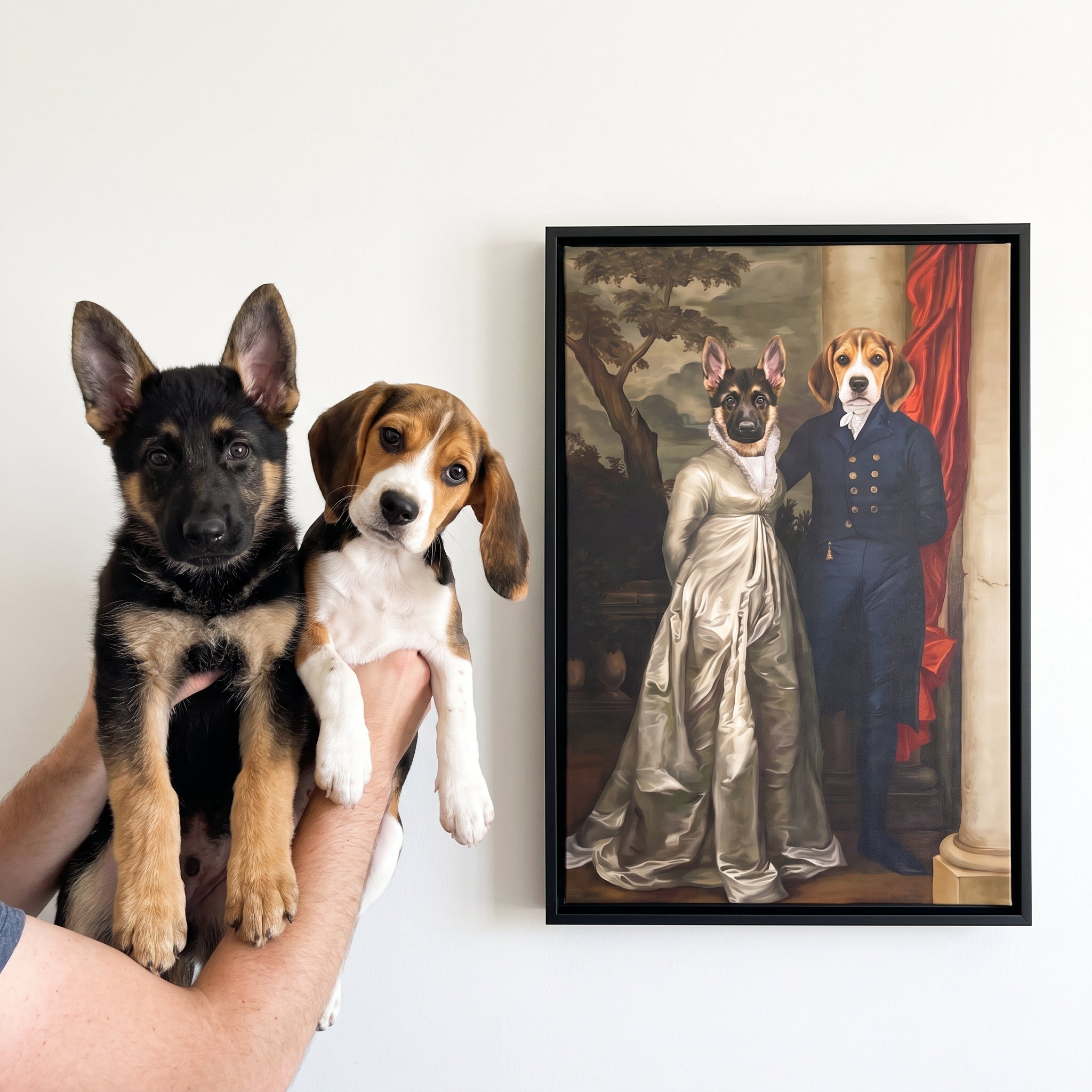 German shepherd and beagle next to its The Dinner Date custom pet canvas