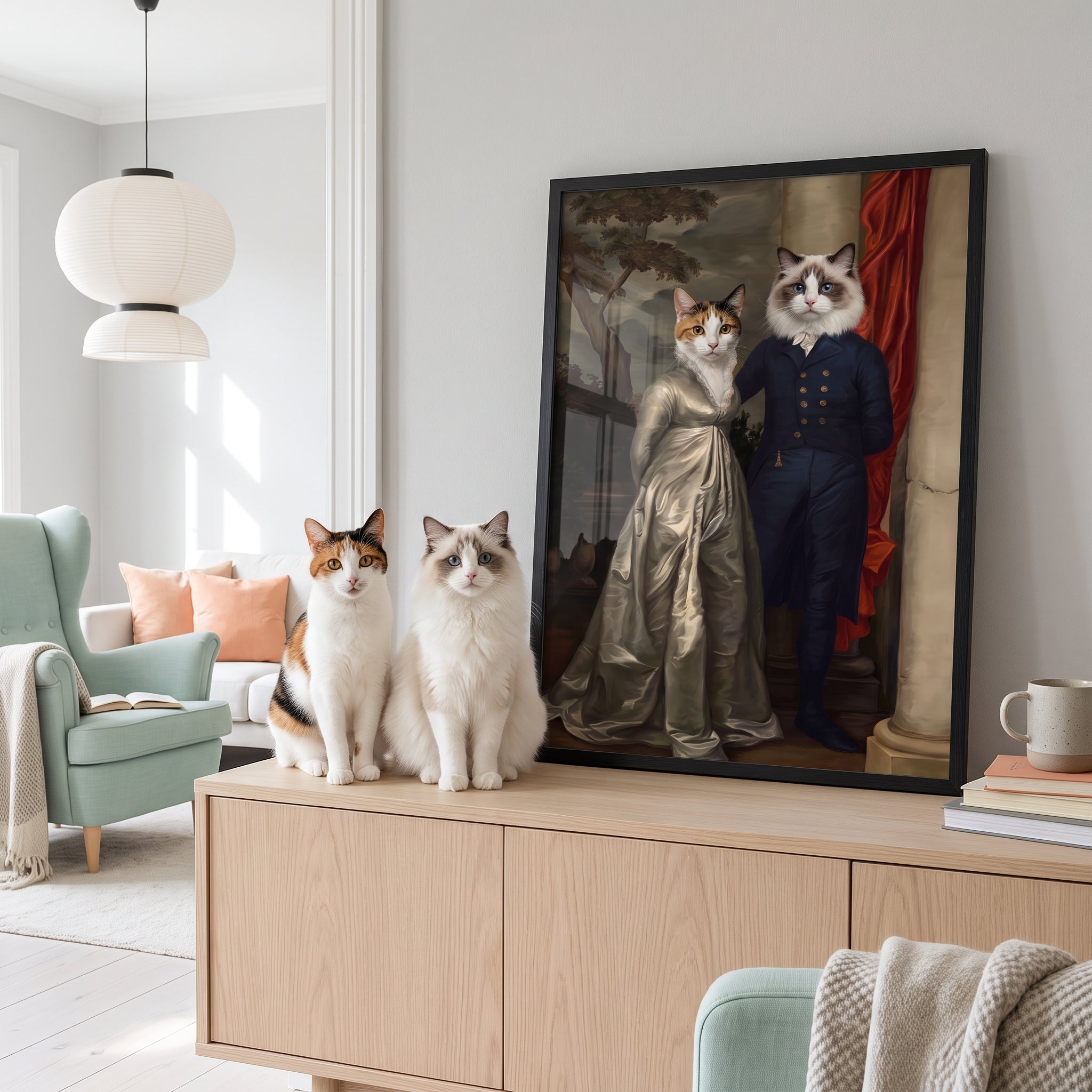 Calico cat and white ragdoll cat next to its The Dinner Date custom pet poster