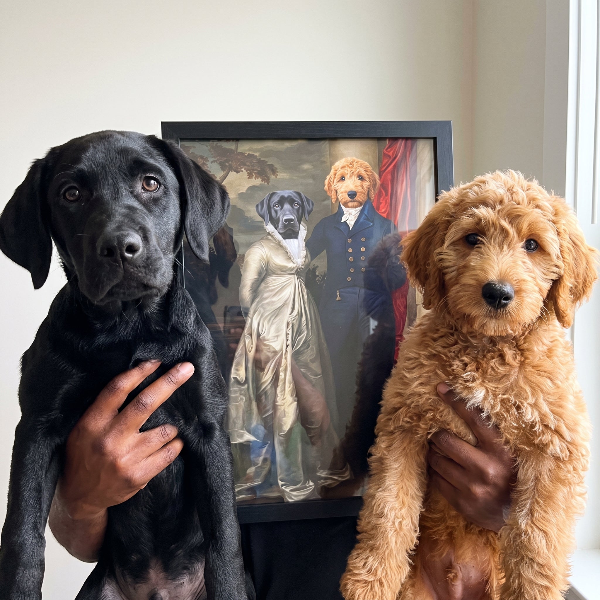 Black labrador and goldendoodle next to its The Dinner Date custom pet poster