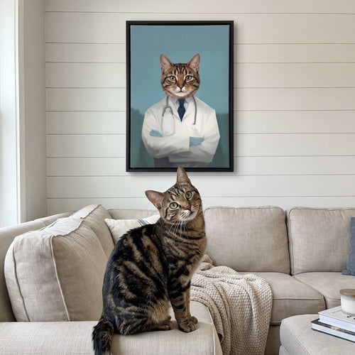 Brown tabby cat next to its The Doctor custom pet canvas