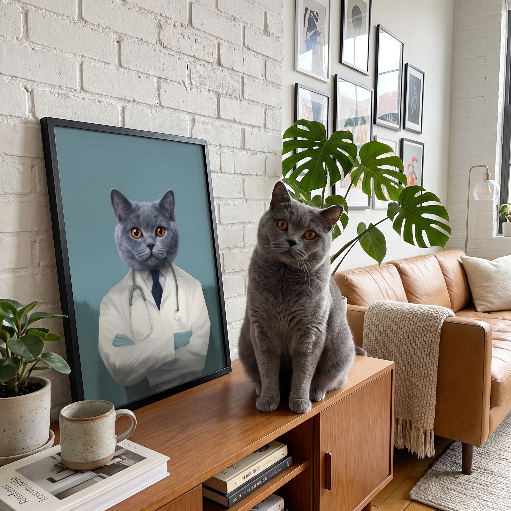 Grey british shorthair cat next to its The Doctor custom pet poster