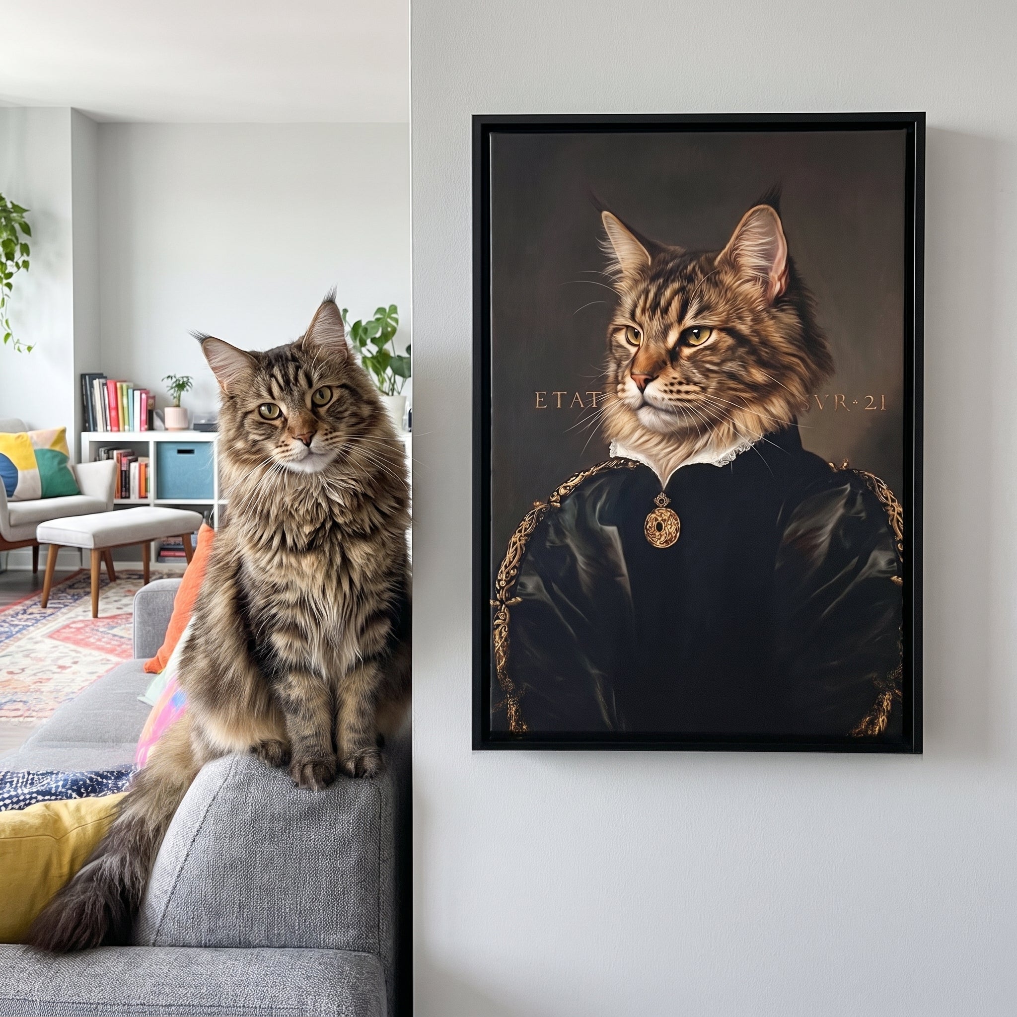Fluffy maine coon cat next to its The Duchess custom pet canvas