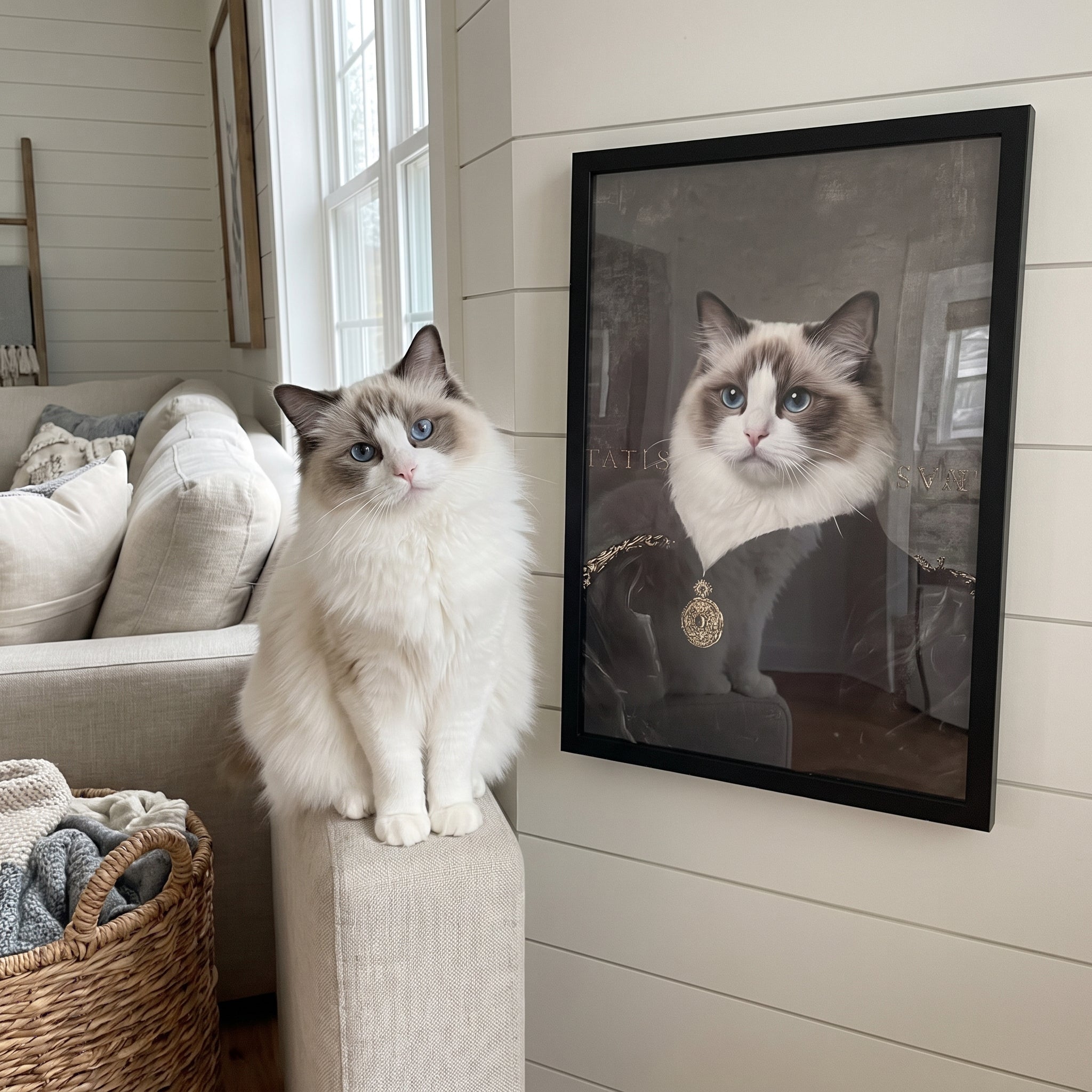 White ragdoll cat next to its The Duchess custom pet poster