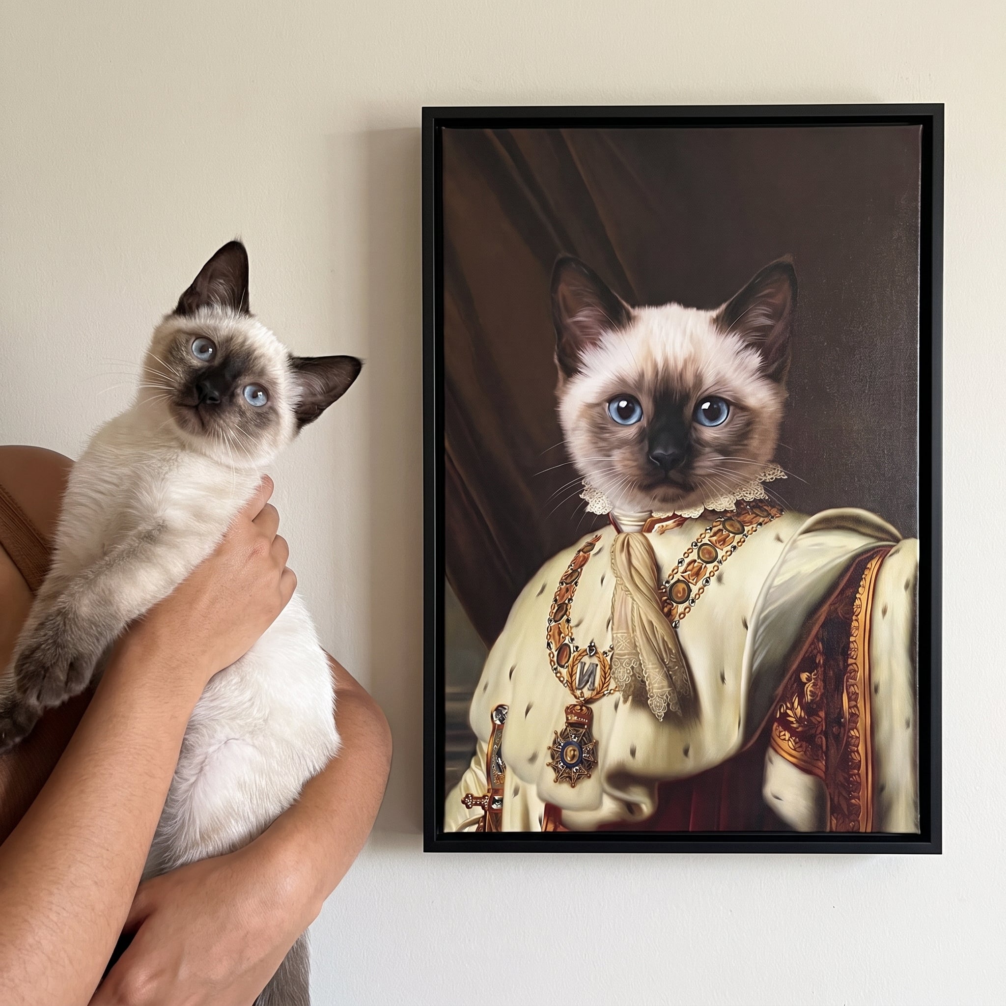 Siamese cat next to its The Emperor custom pet canvas