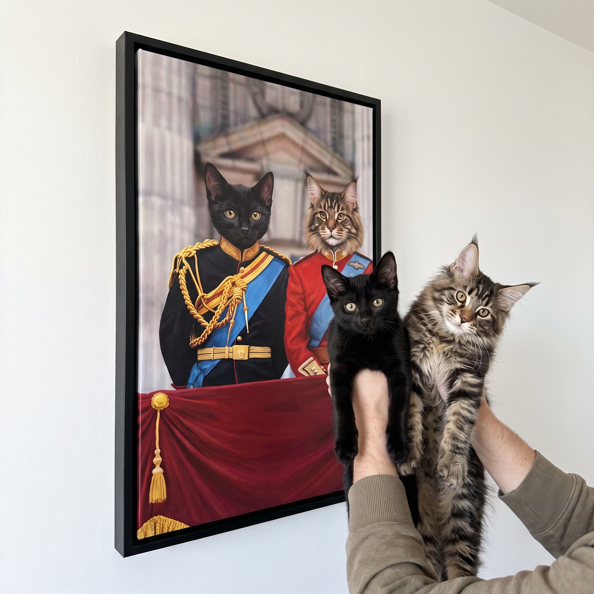 Black cat and fluffy maine coon cat next to its The English Princes custom pet canvas