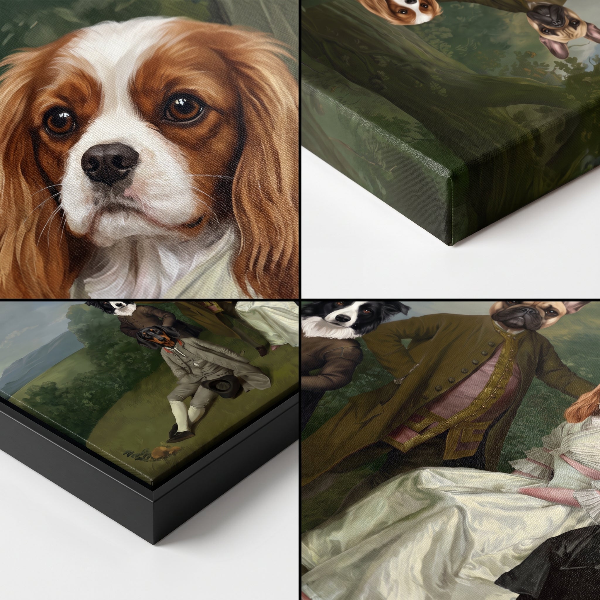 Close-up details of The Family Picnic (Four Pets) custom pet canvas
