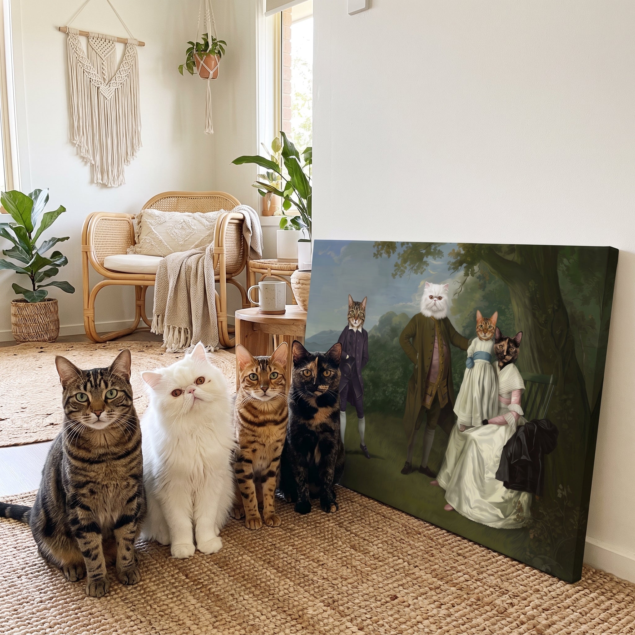 Brown tabby cat white persi next to its The Family Picnic (Four Pets) custom pet canvas