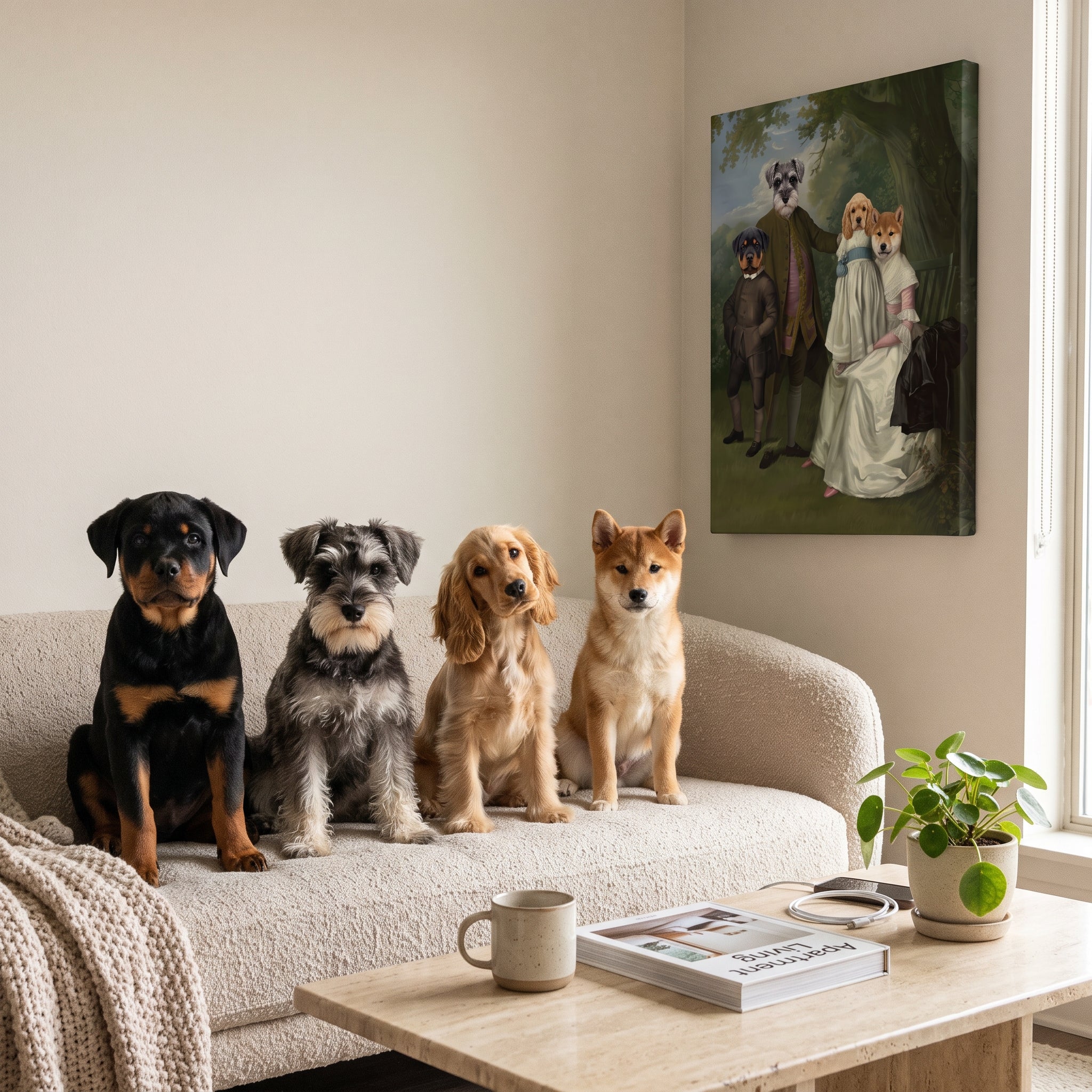 Rottweiler miniature schnau next to its The Family Picnic (Four Pets) custom pet canvas