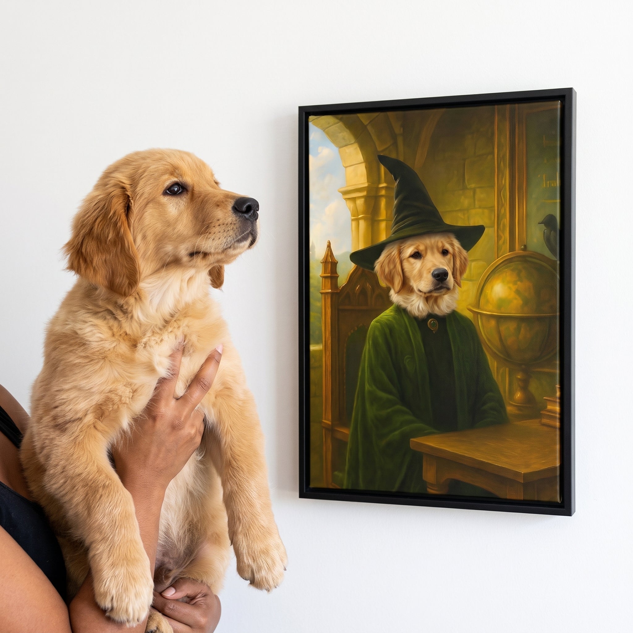 Golden retriever next to its The Female Warlock custom pet canvas