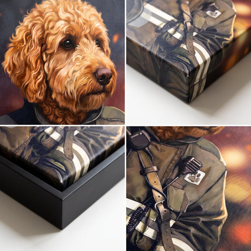 Close-up details of The Firefighter custom pet canvas