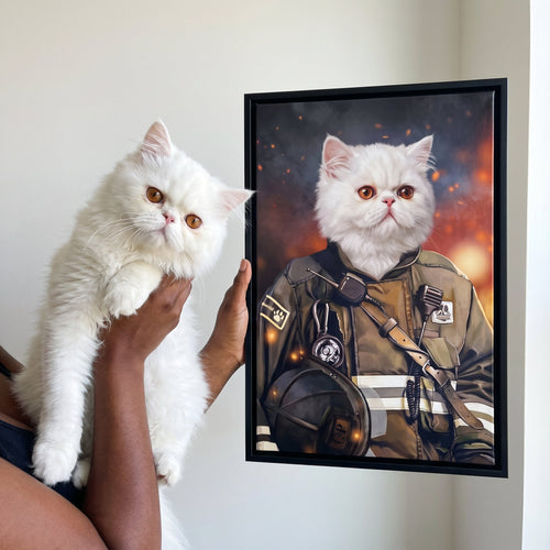 White persian cat next to its The Firefighter custom pet canvas