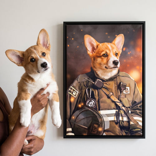 Pembroke welsh corgi next to its The Firefighter custom pet canvas