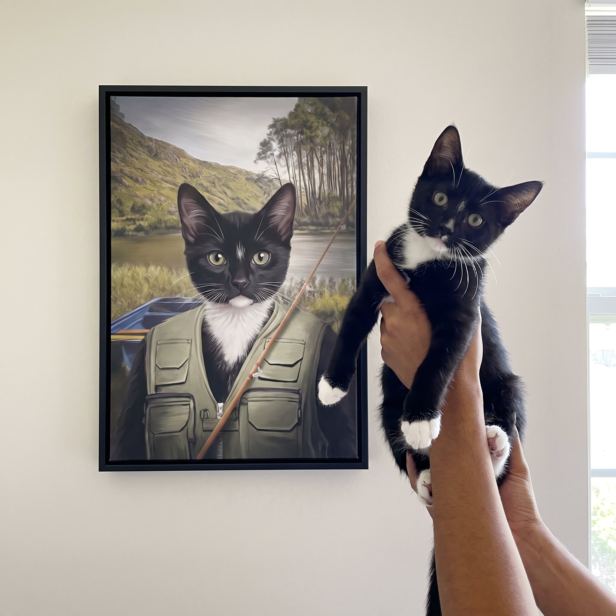 Tuxedo cat next to its The Fisherman custom pet canvas