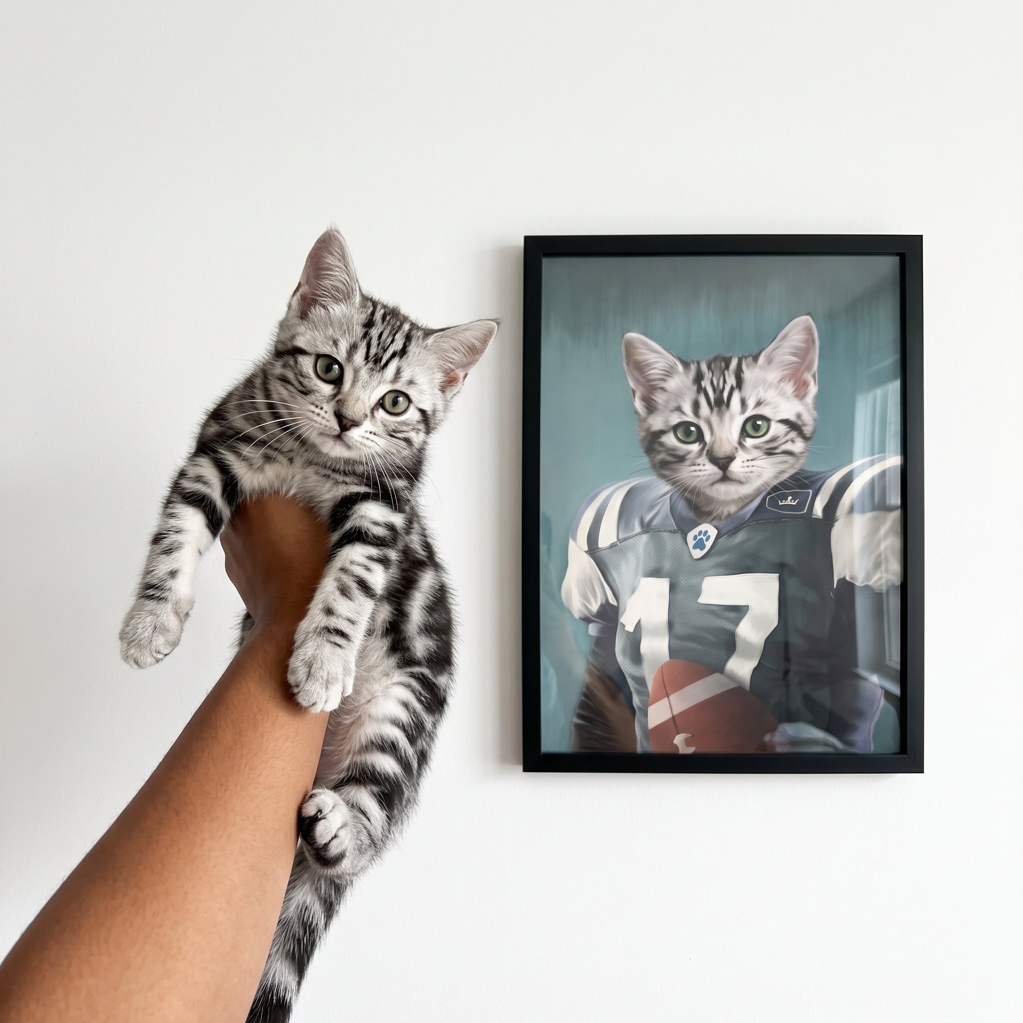 Silver tabby cat next to its The Football Player custom pet poster