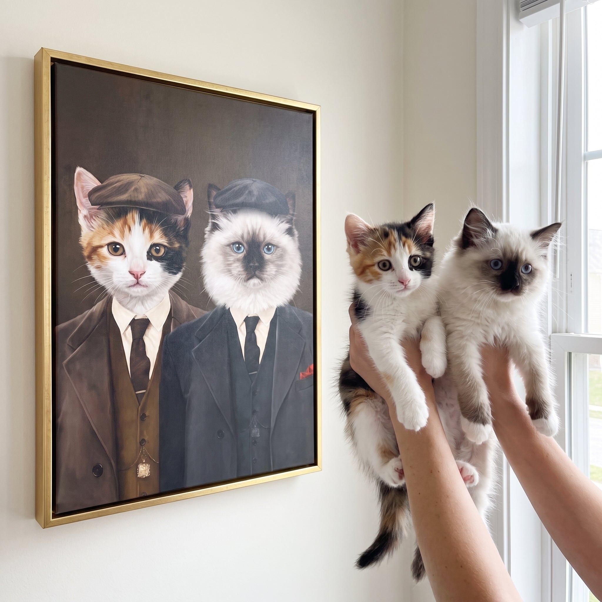 Calico cat and white ragdoll cat next to its The Gangster Brothers custom pet canvas