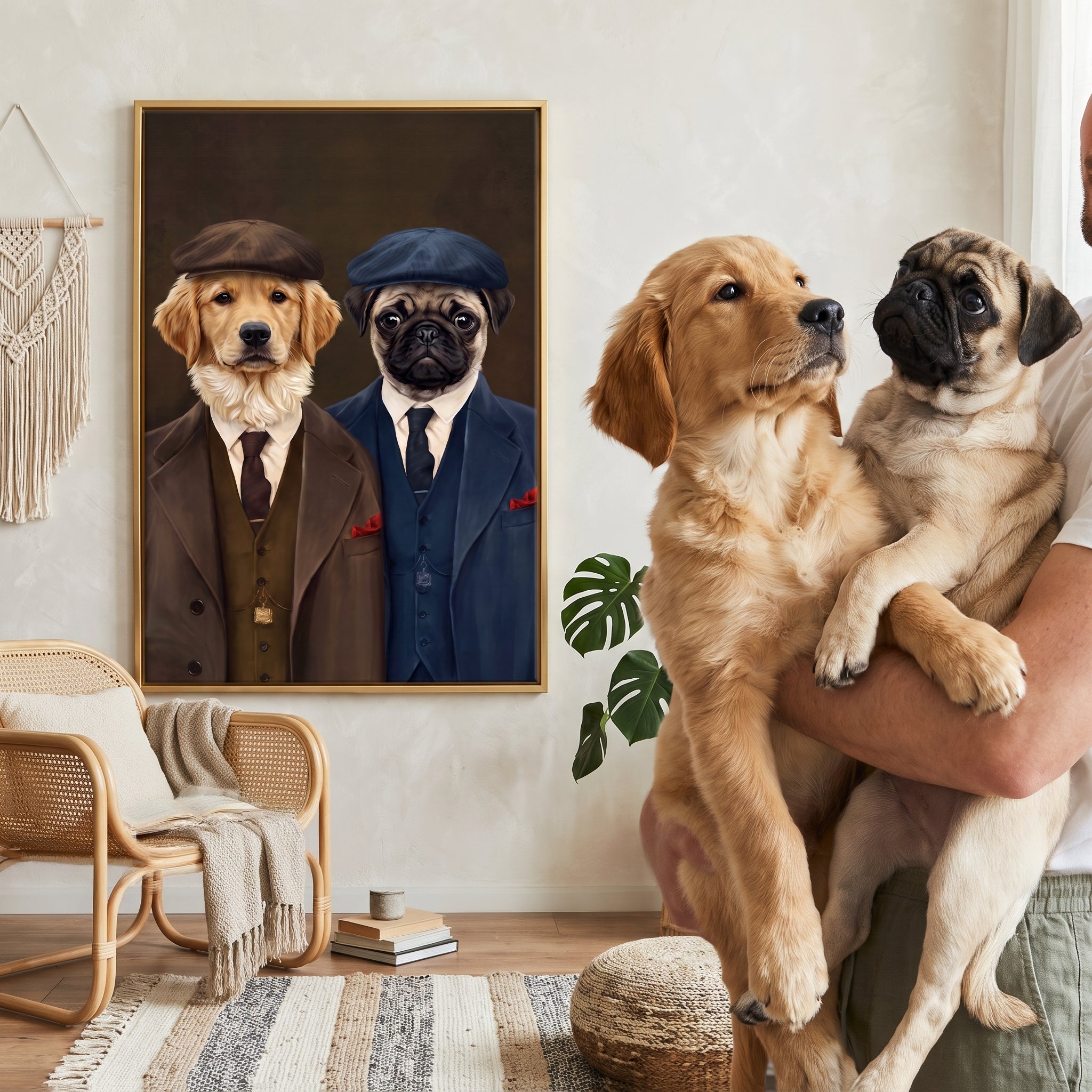 Golden retriever and pug next to its The Gangster Brothers custom pet canvas