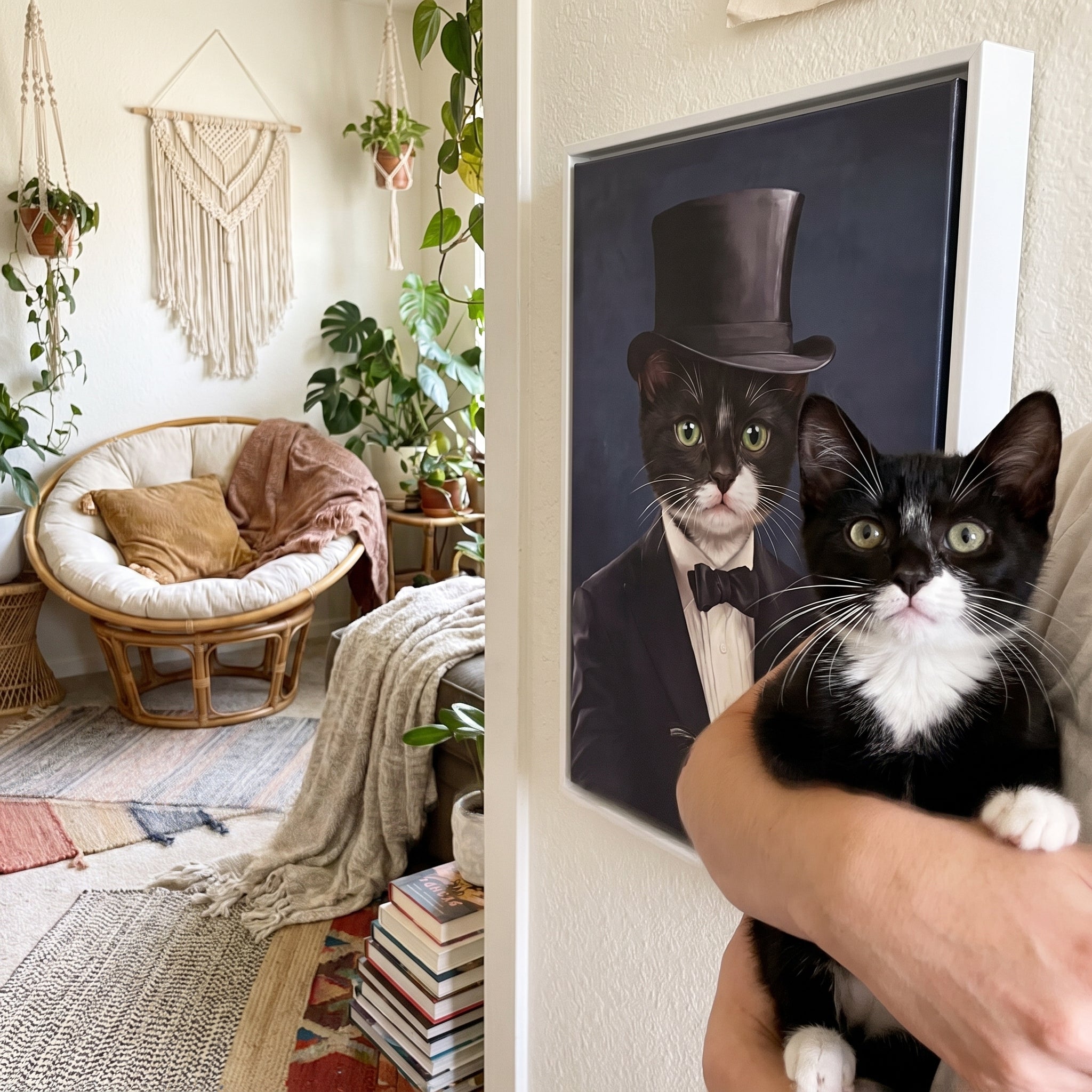Tuxedo cat next to its The Gentleman custom pet canvas
